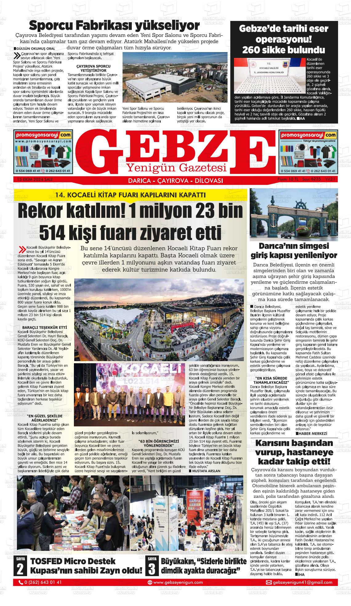 15 Ekim 2024 Gebze Yenigün Gazete Manşeti