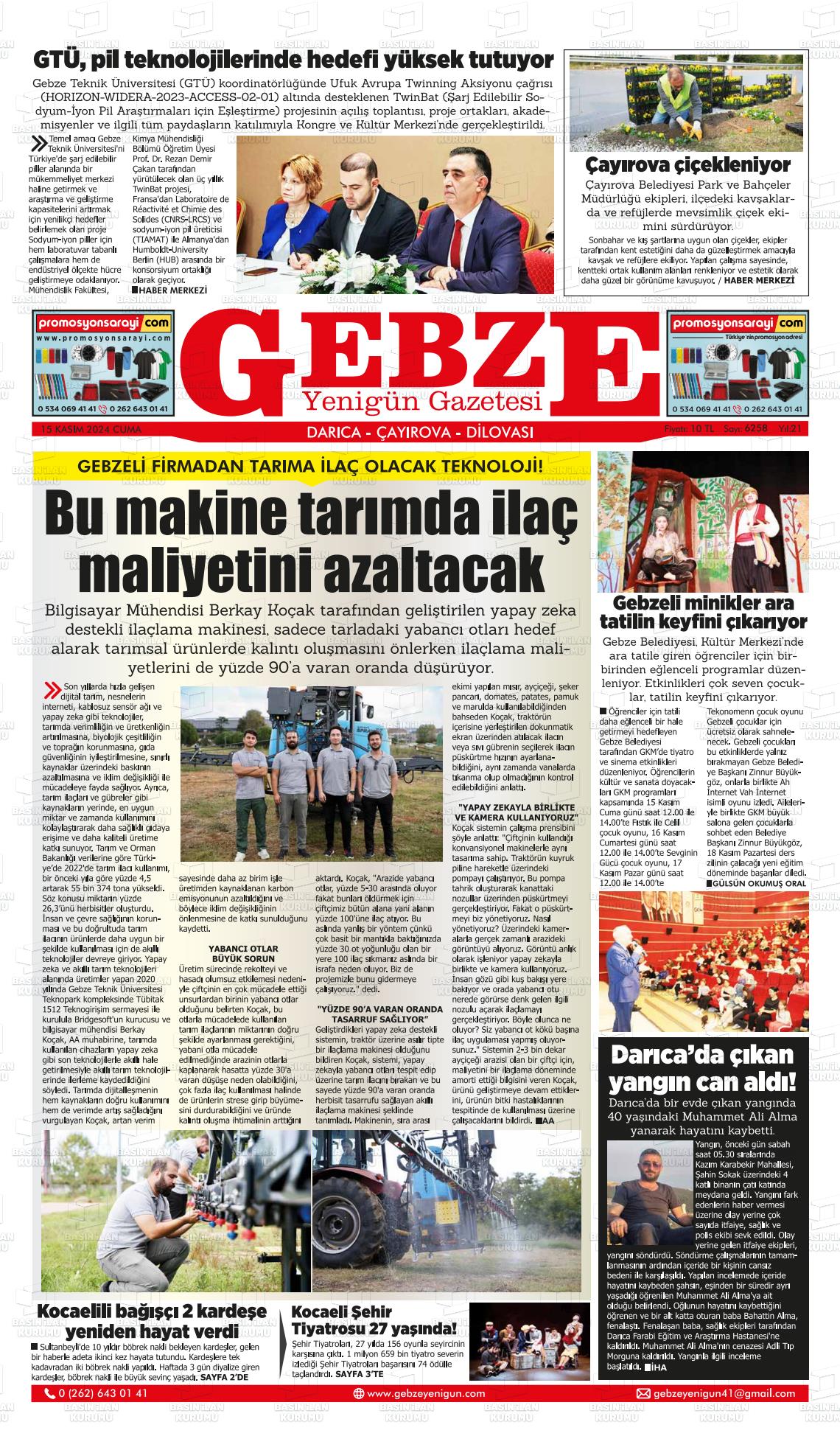 15 Kasım 2024 Gebze Yenigün Gazete Manşeti