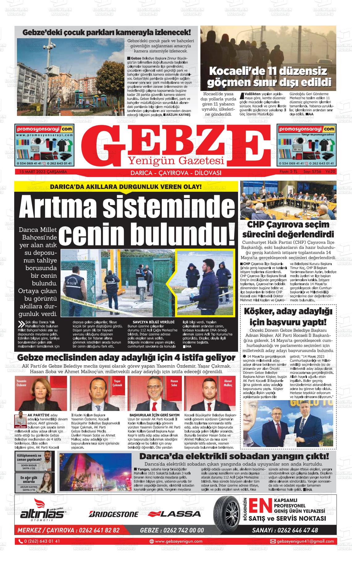 13 Mayıs 2023 Gebze Yenigün Gazete Manşeti