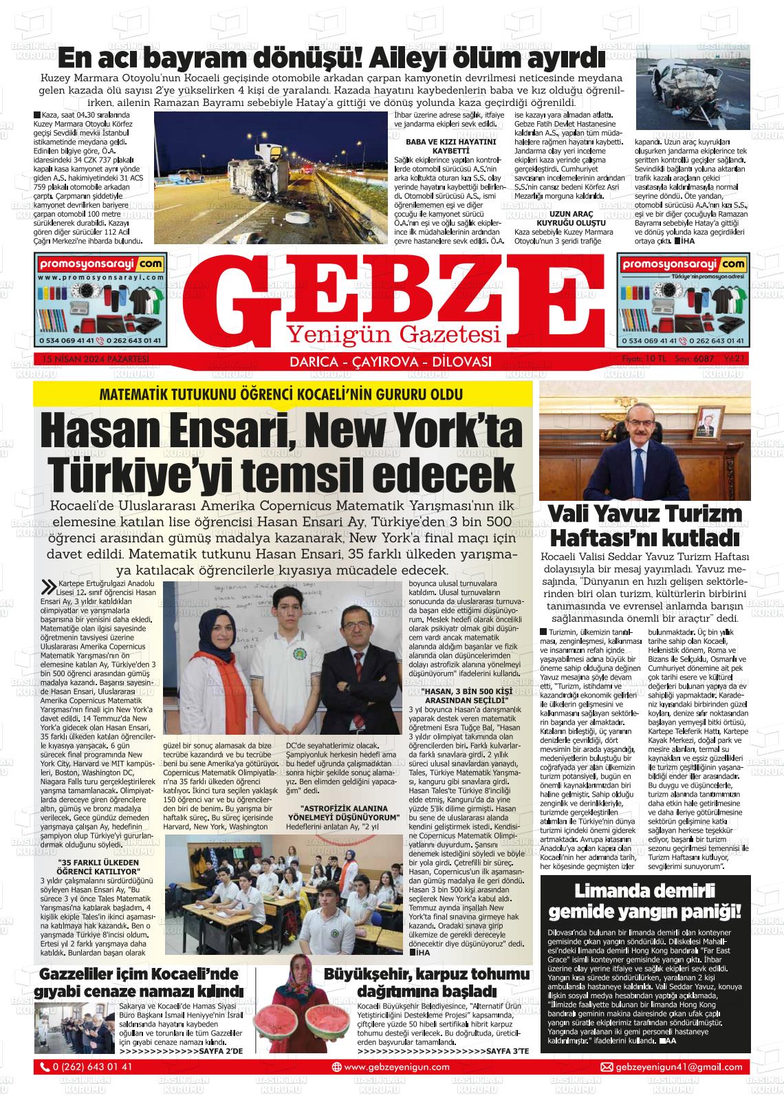 15 Nisan 2024 Gebze Yenigün Gazete Manşeti