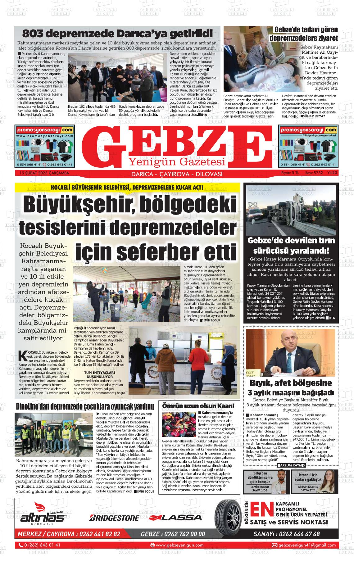 15 Nisan 2023 Gebze Yenigün Gazete Manşeti