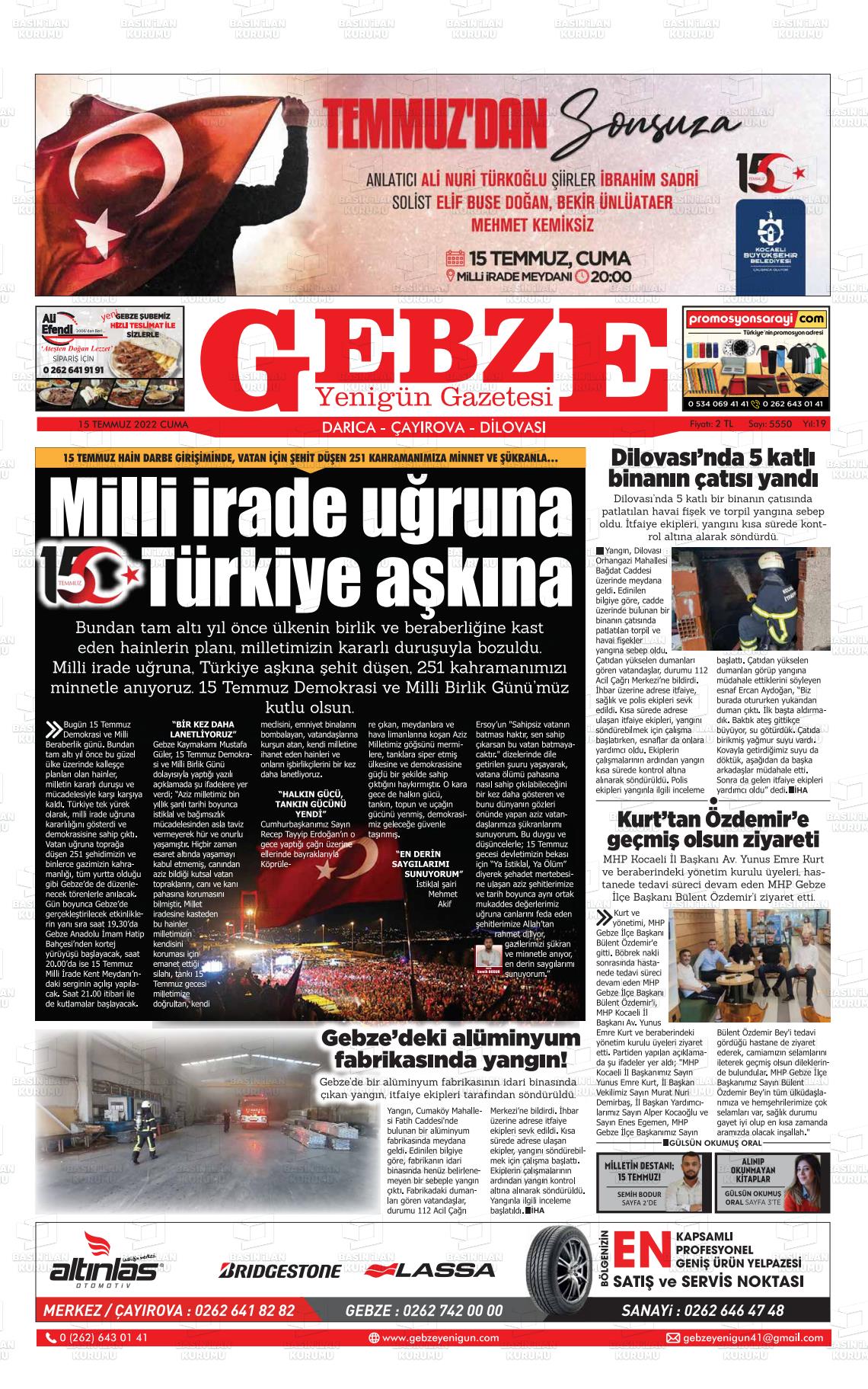 15 Temmuz 2022 Gebze Yenigün Gazete Manşeti