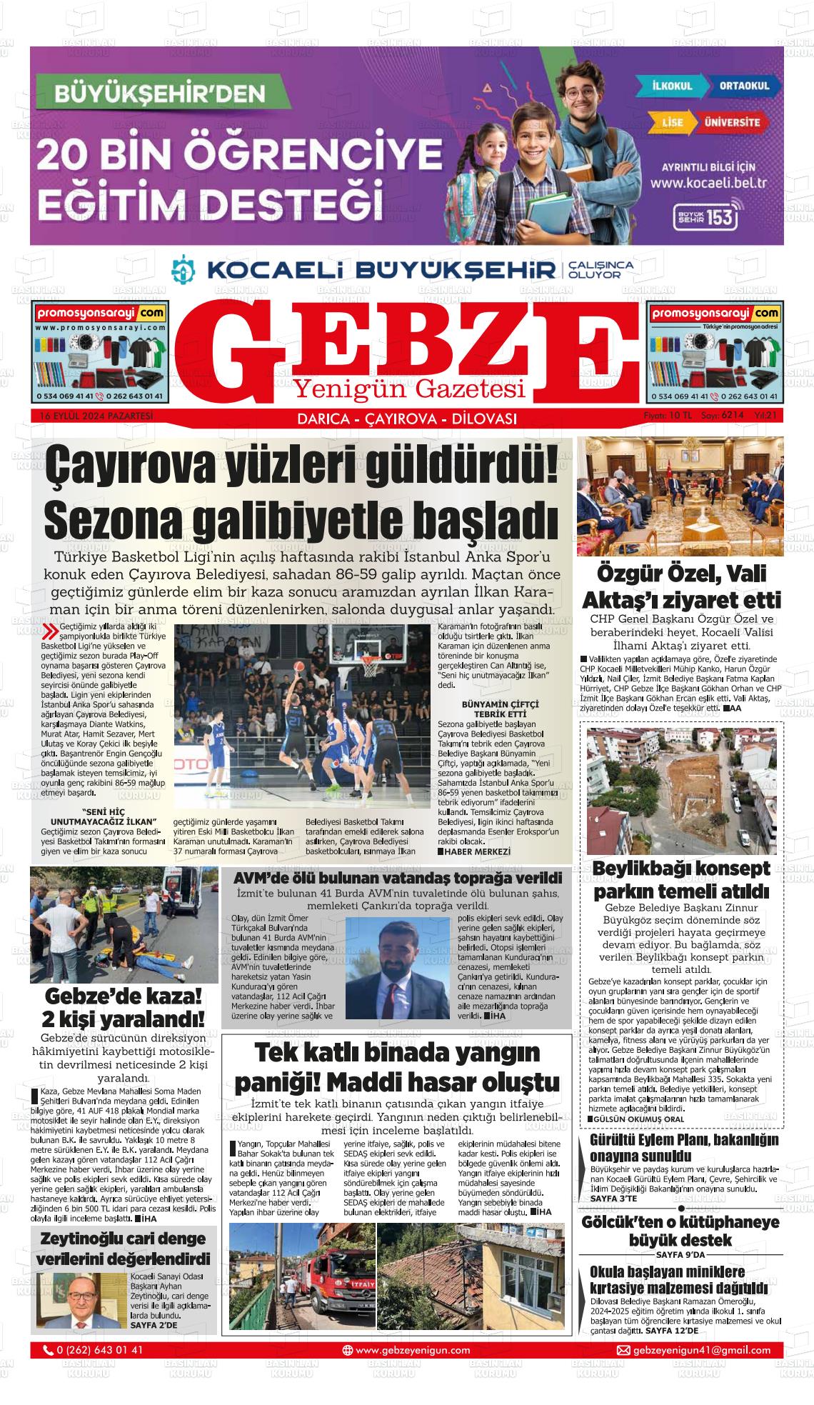 16 Eylül 2024 Gebze Yenigün Gazete Manşeti