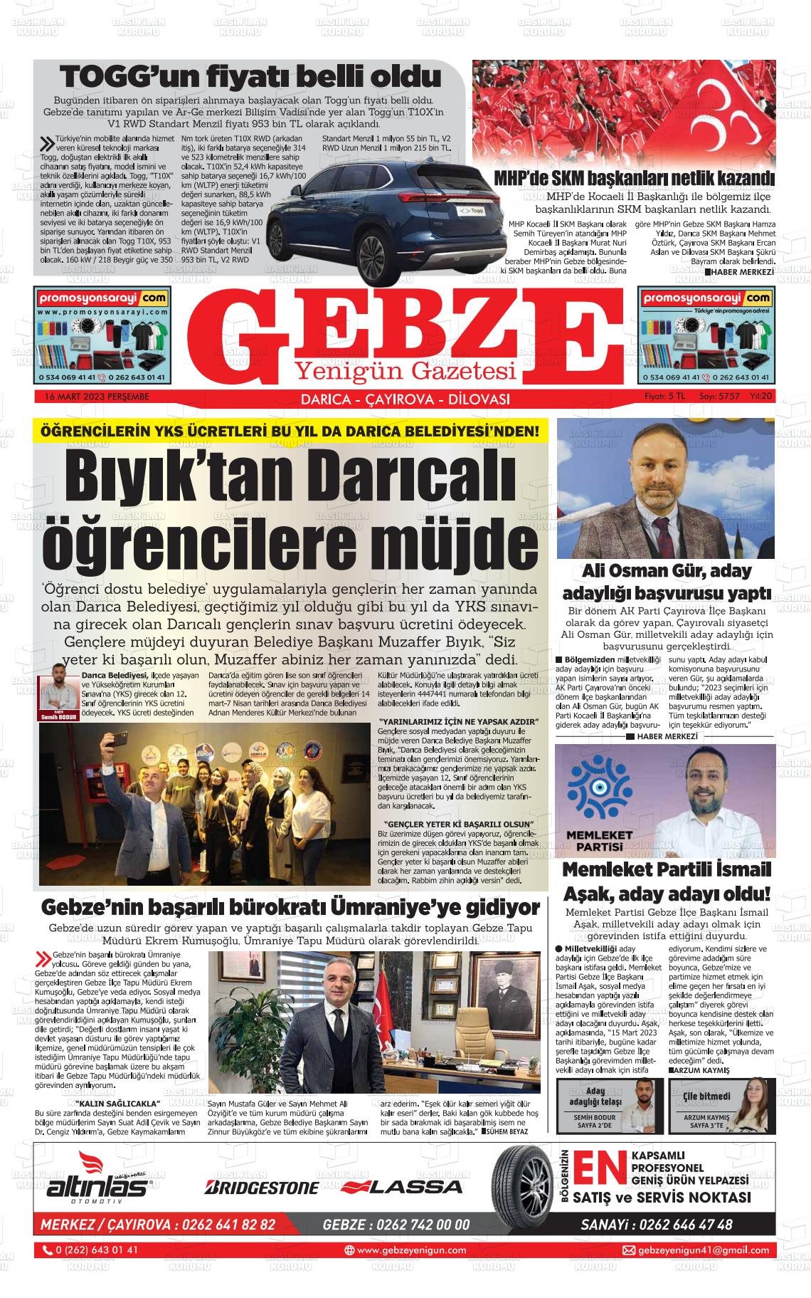 14 Mayıs 2023 Gebze Yenigün Gazete Manşeti