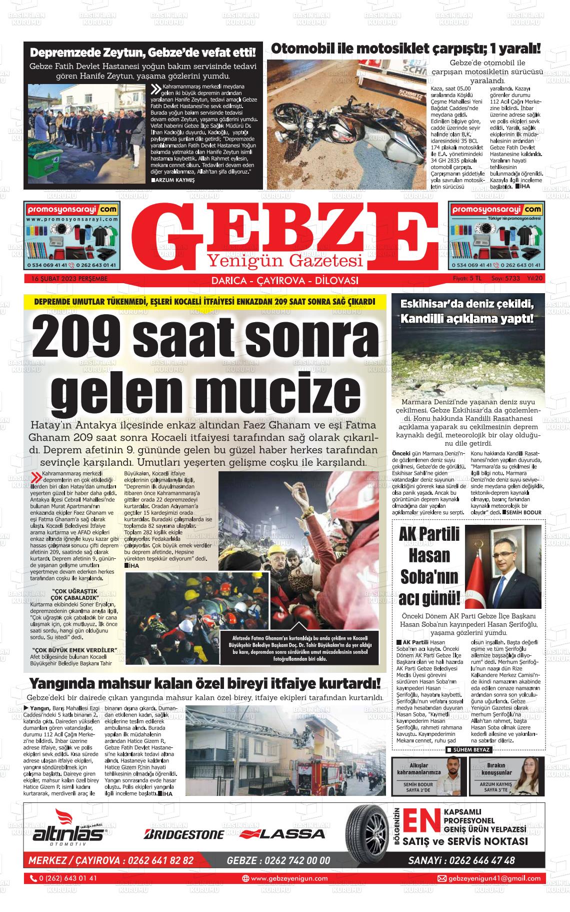 16 Şubat 2023 Gebze Yenigün Gazete Manşeti