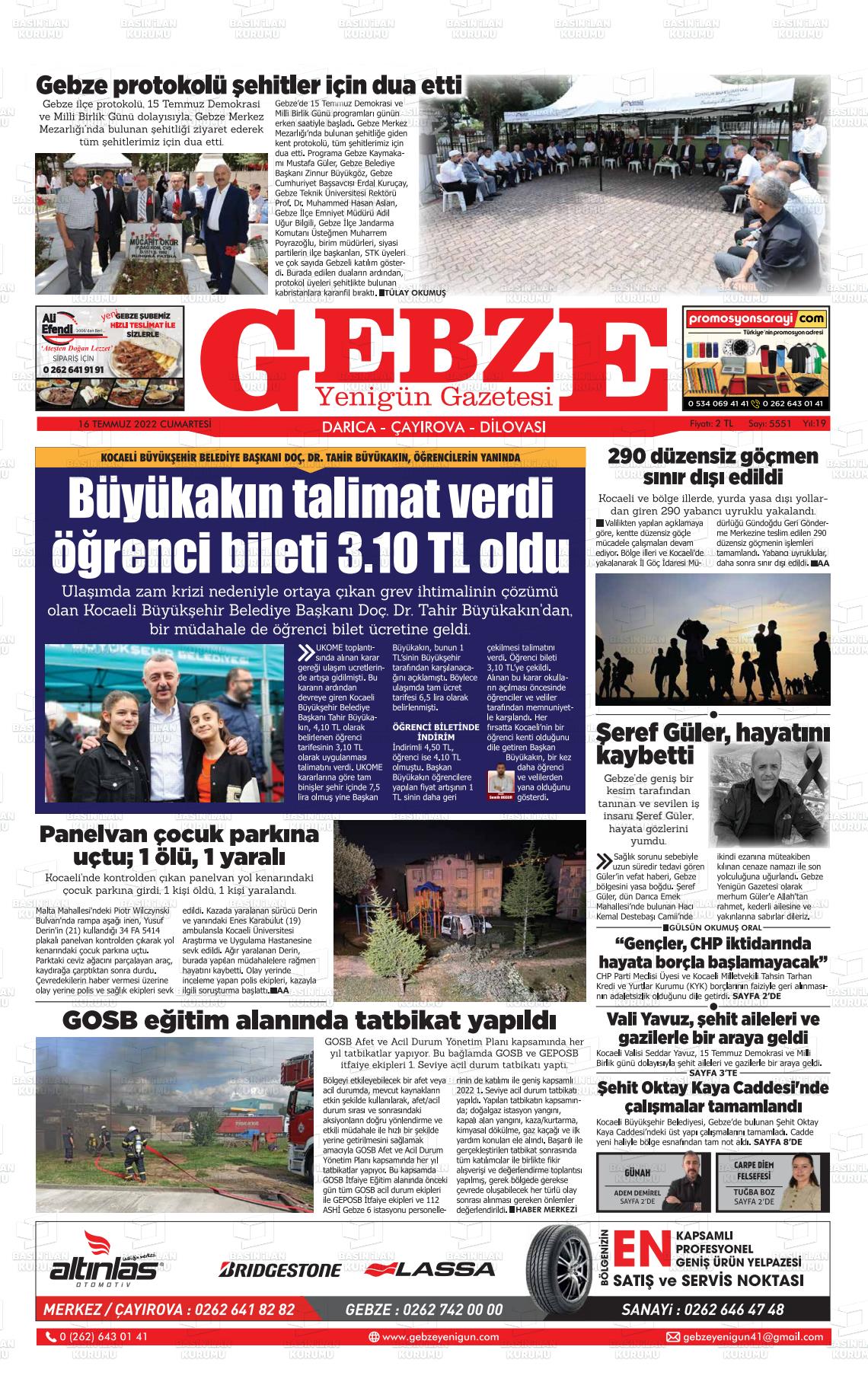 16 Temmuz 2022 Gebze Yenigün Gazete Manşeti