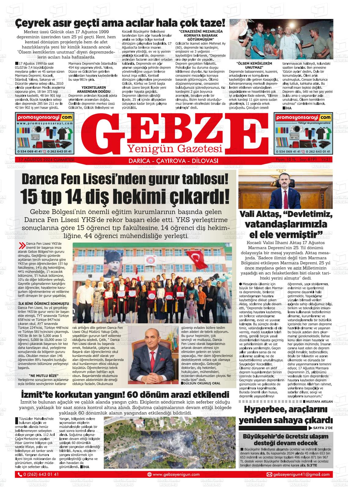 17 Ağustos 2024 Gebze Yenigün Gazete Manşeti