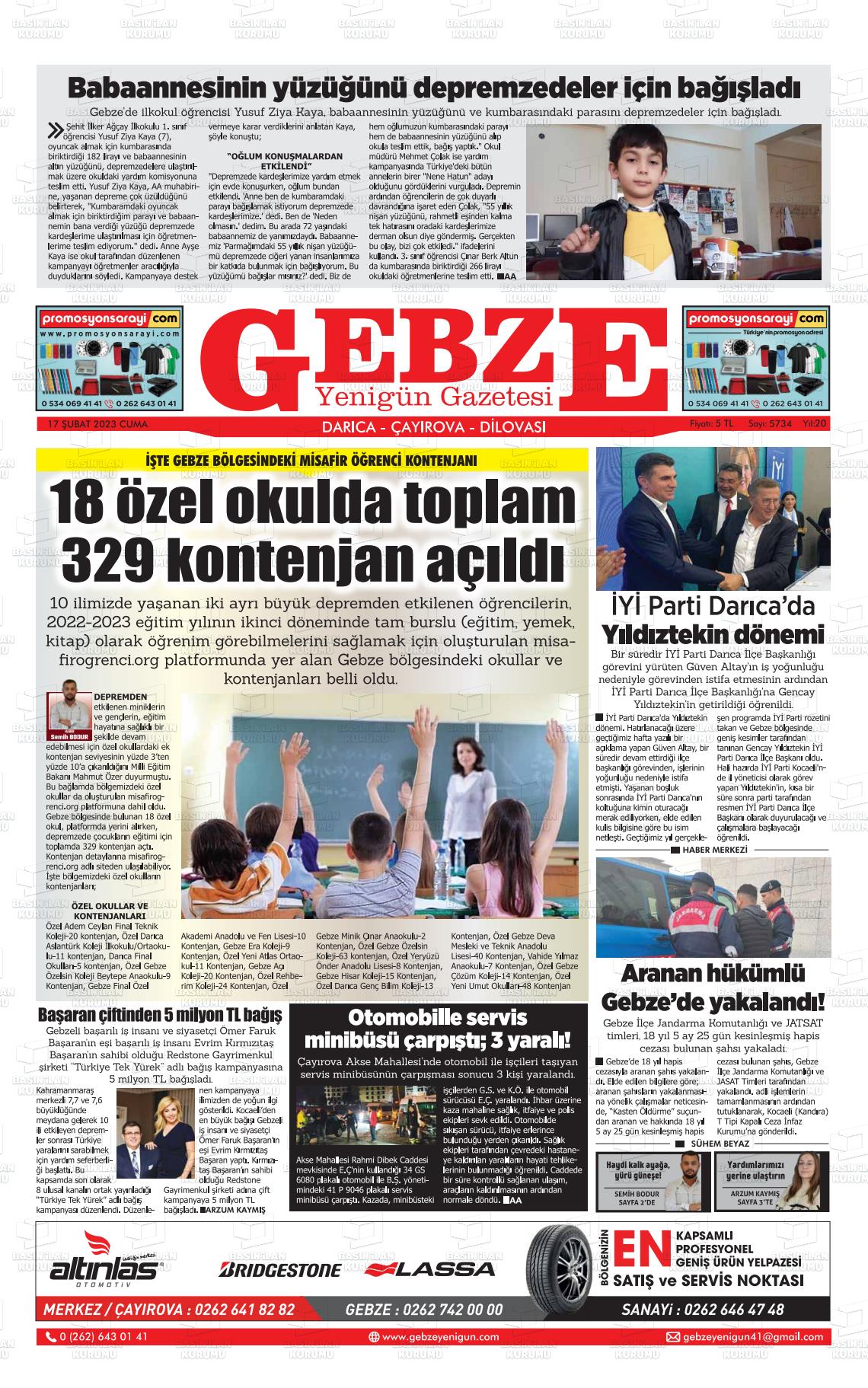 17 Şubat 2023 Gebze Yenigün Gazete Manşeti