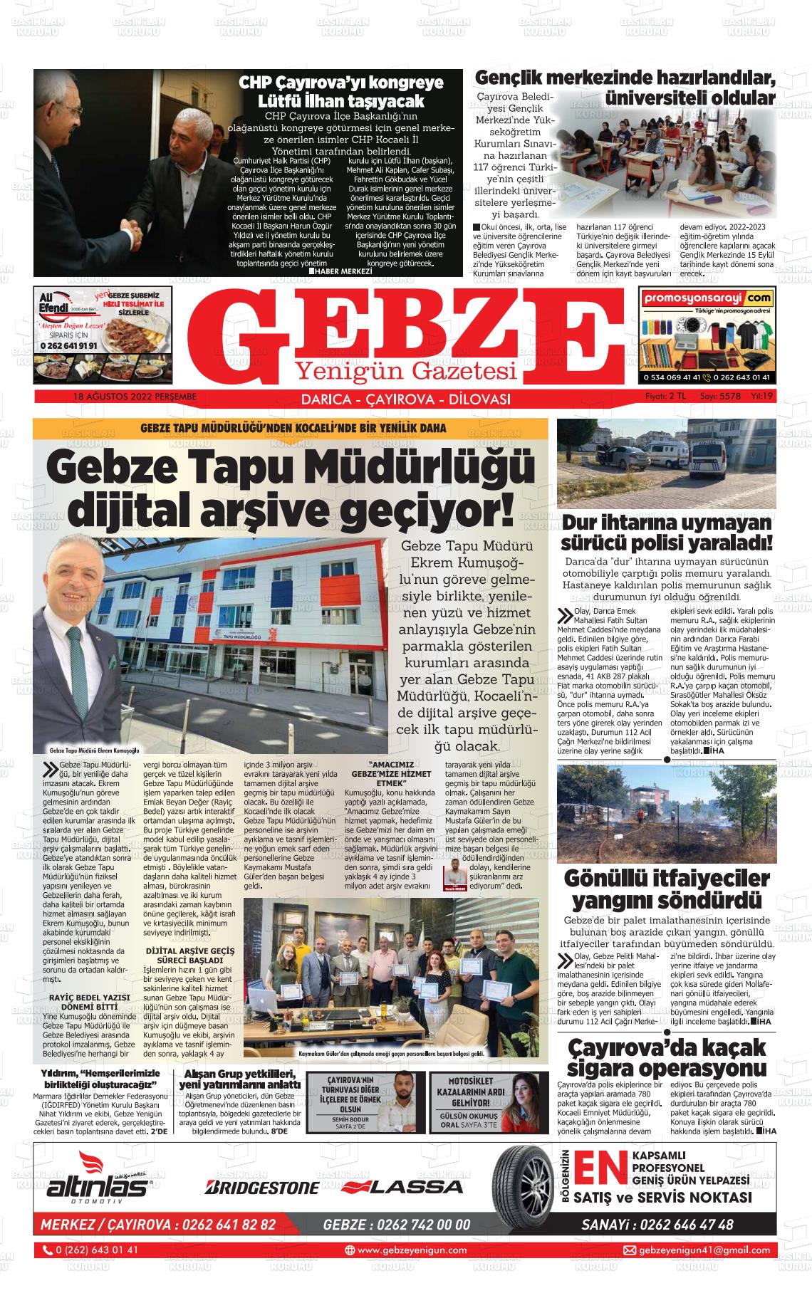 18 Ağustos 2022 Gebze Yenigün Gazete Manşeti