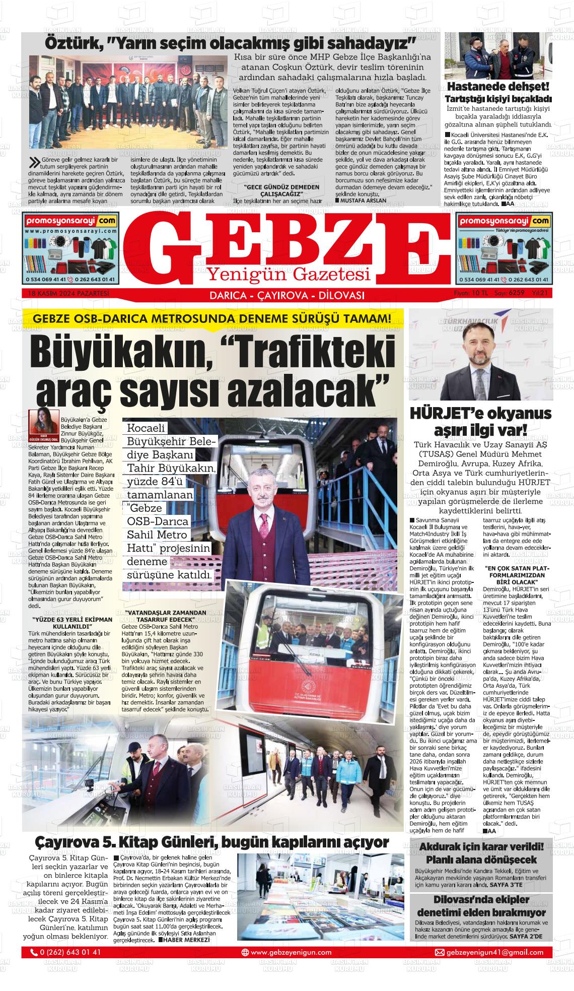 18 Kasım 2024 Gebze Yenigün Gazete Manşeti