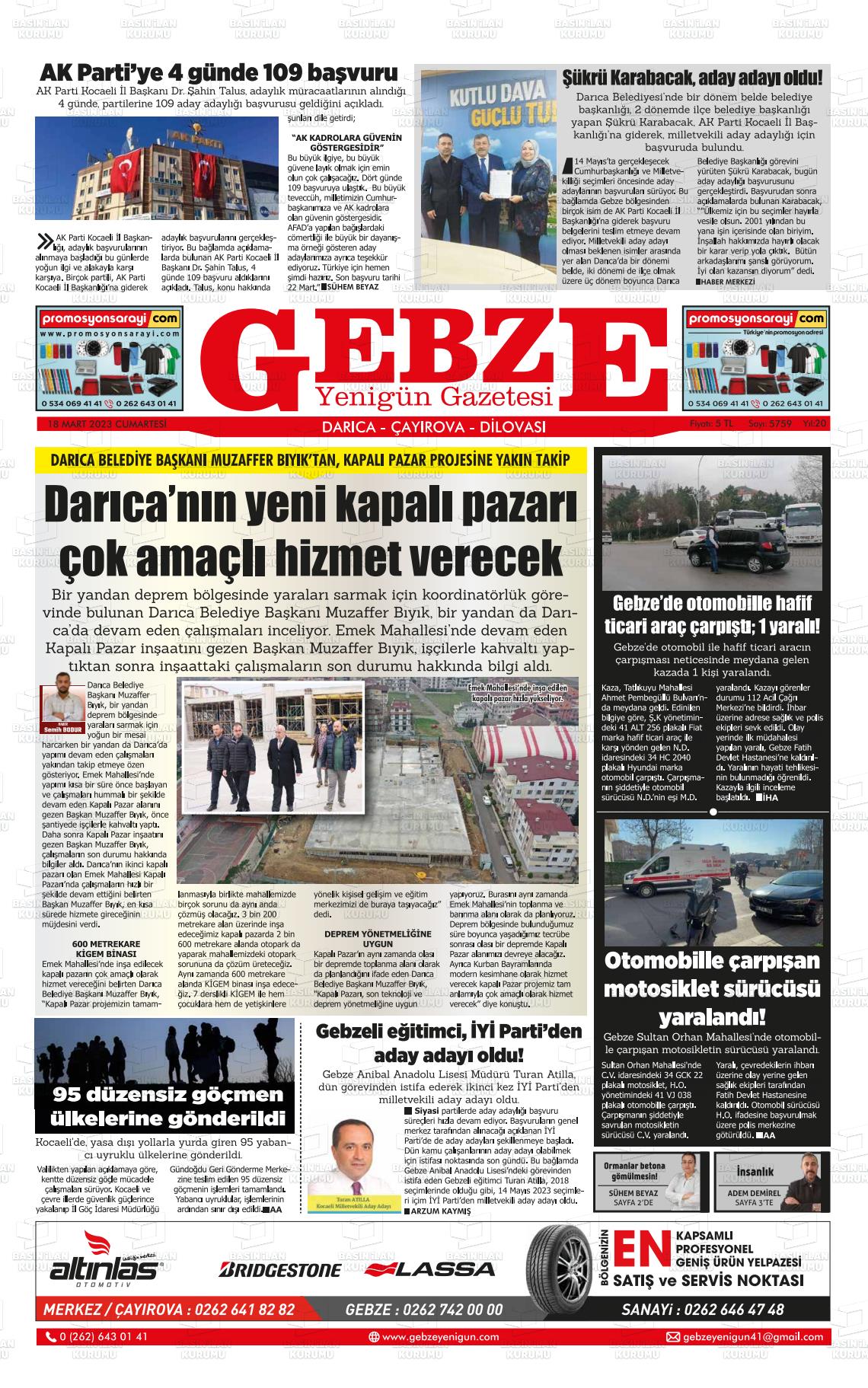 16 Mayıs 2023 Gebze Yenigün Gazete Manşeti