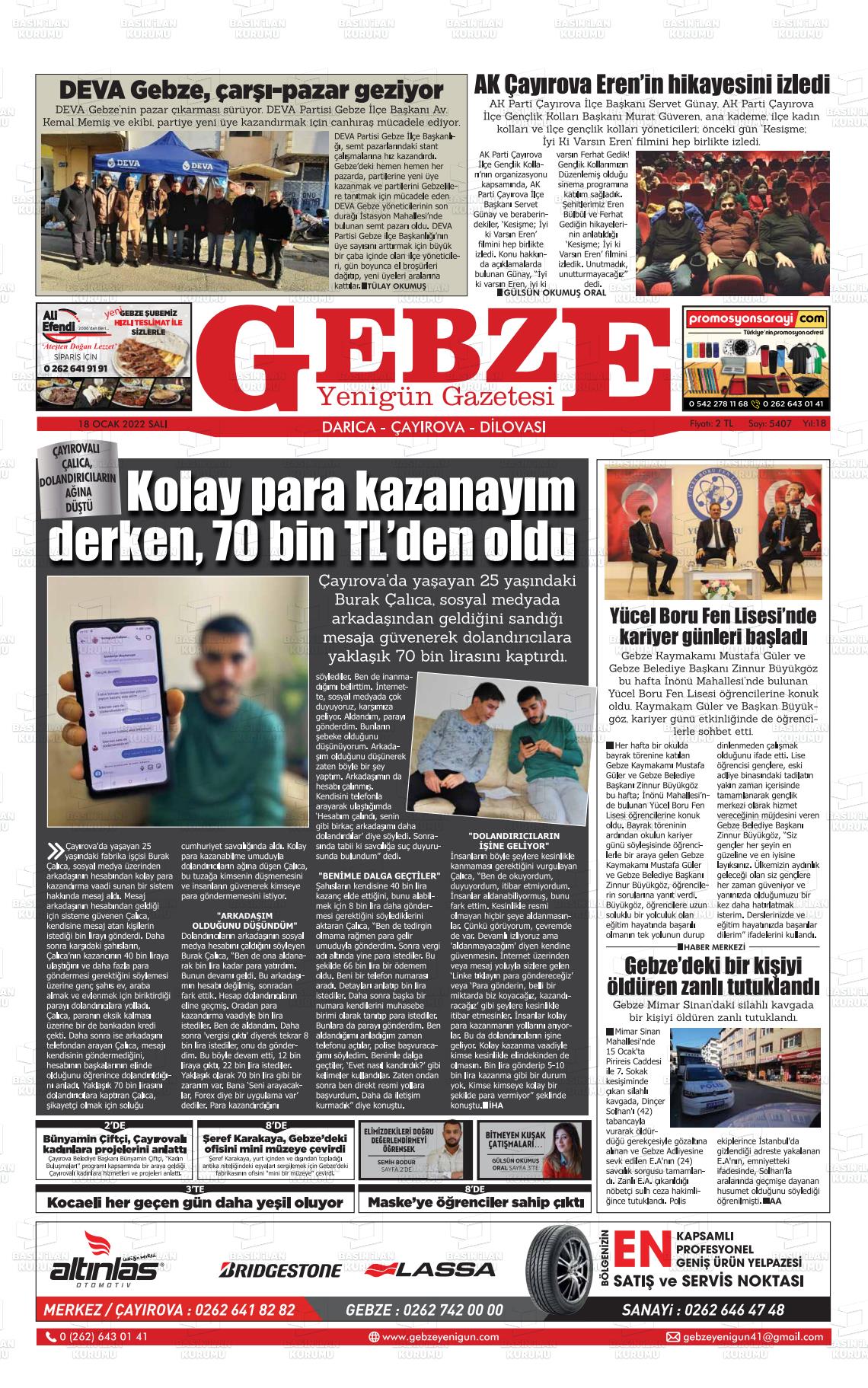 18 Ocak 2022 Gebze Yenigün Gazete Manşeti