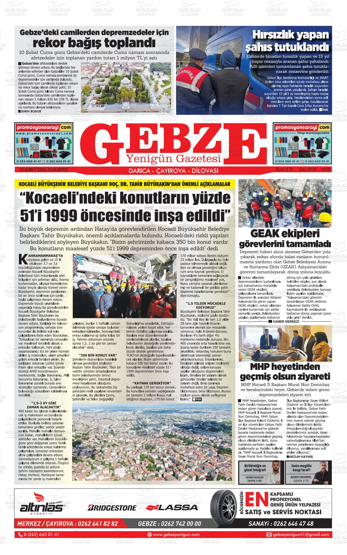 18 Şubat 2023 Gebze Yenigün Gazete Manşeti