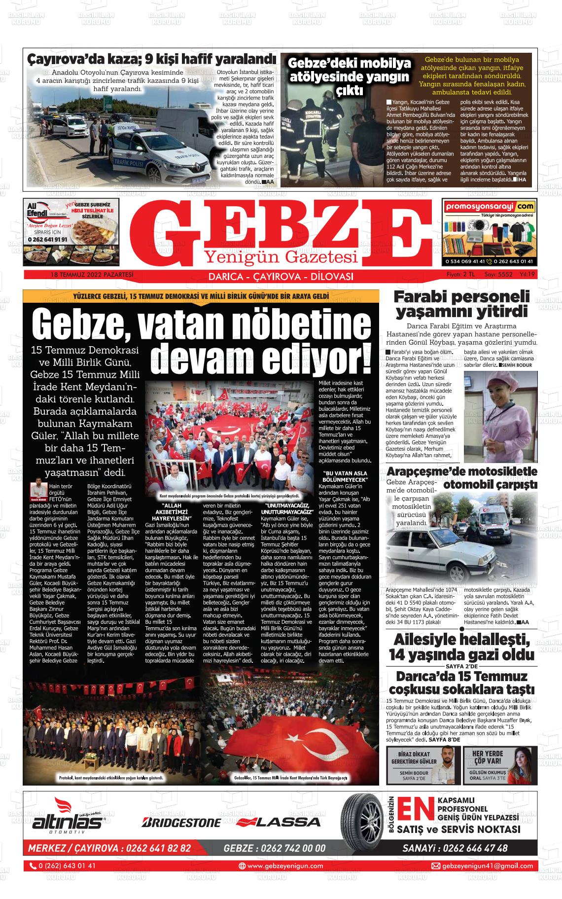 18 Temmuz 2022 Gebze Yenigün Gazete Manşeti