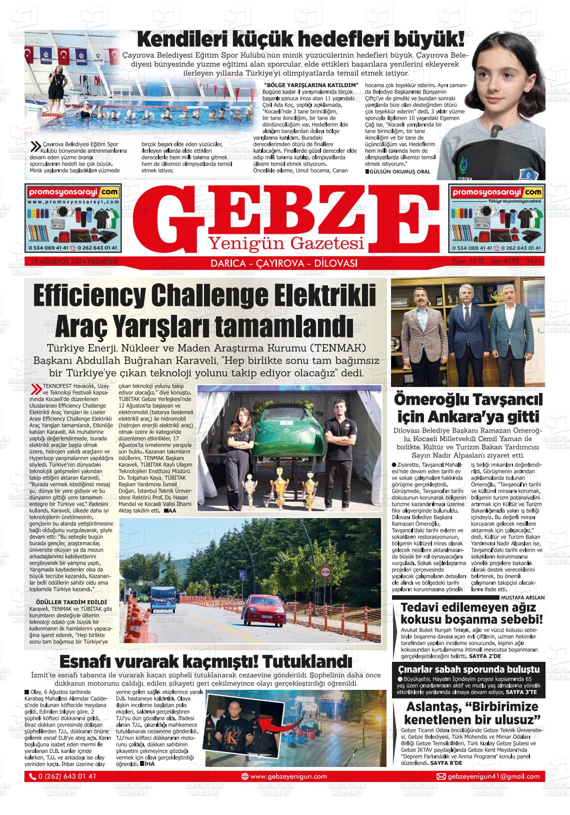 19 Ağustos 2024 Gebze Yenigün Gazete Manşeti