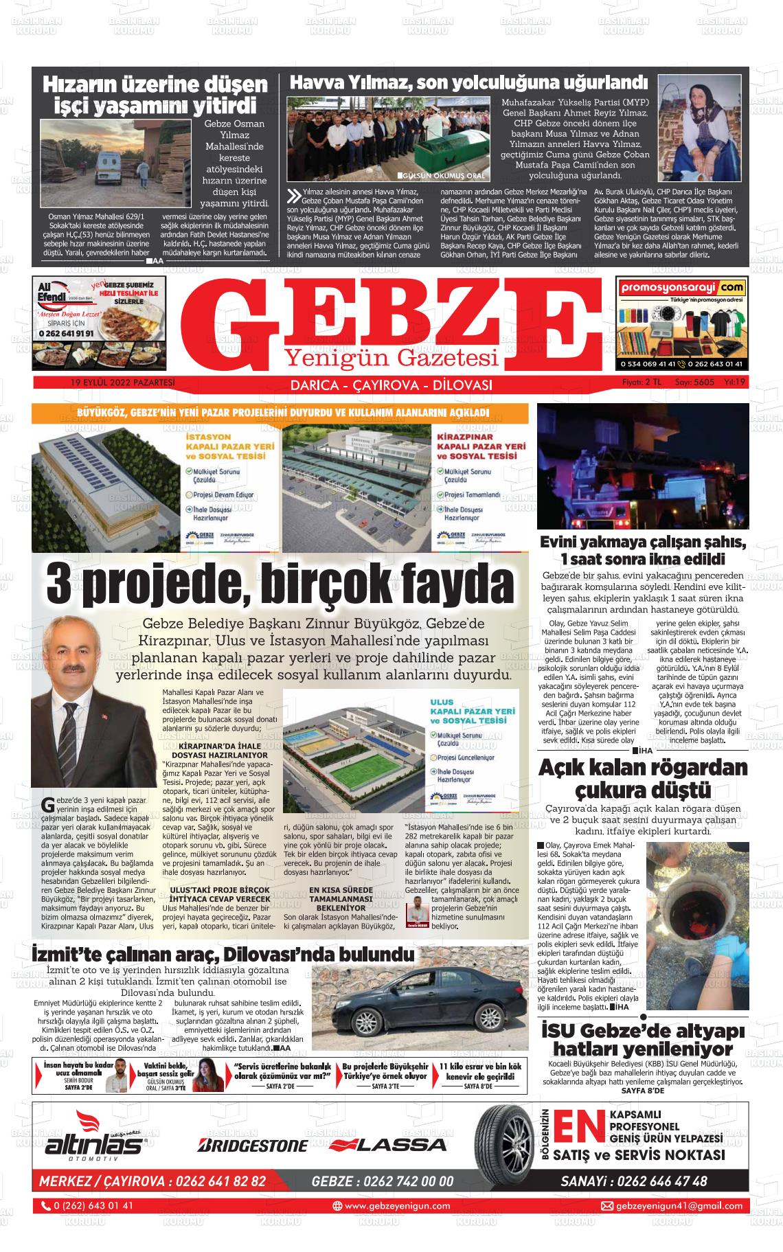 19 Eylül 2022 Gebze Yenigün Gazete Manşeti