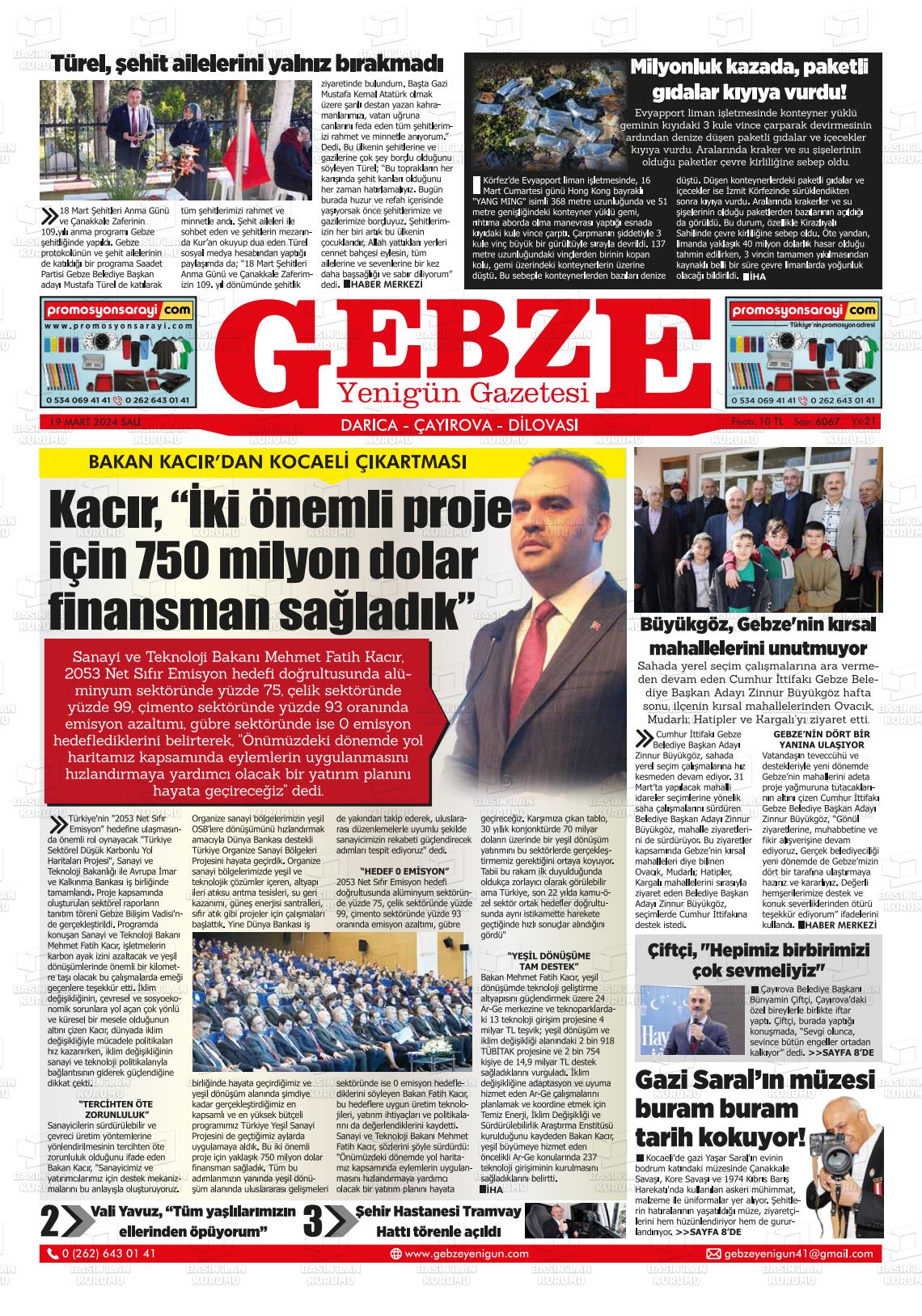 19 Mart 2024 Gebze Yenigün Gazete Manşeti