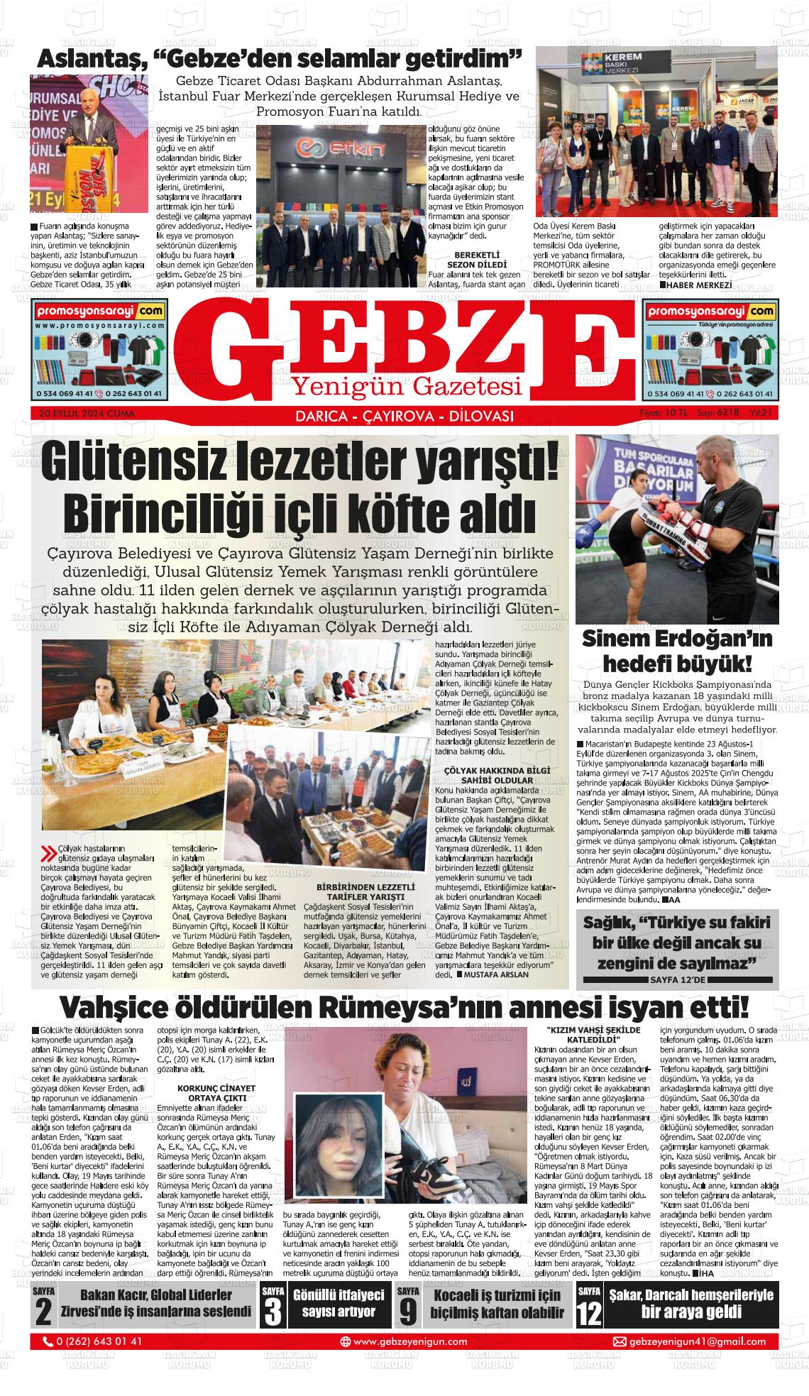 20 Eylül 2024 Gebze Yenigün Gazete Manşeti