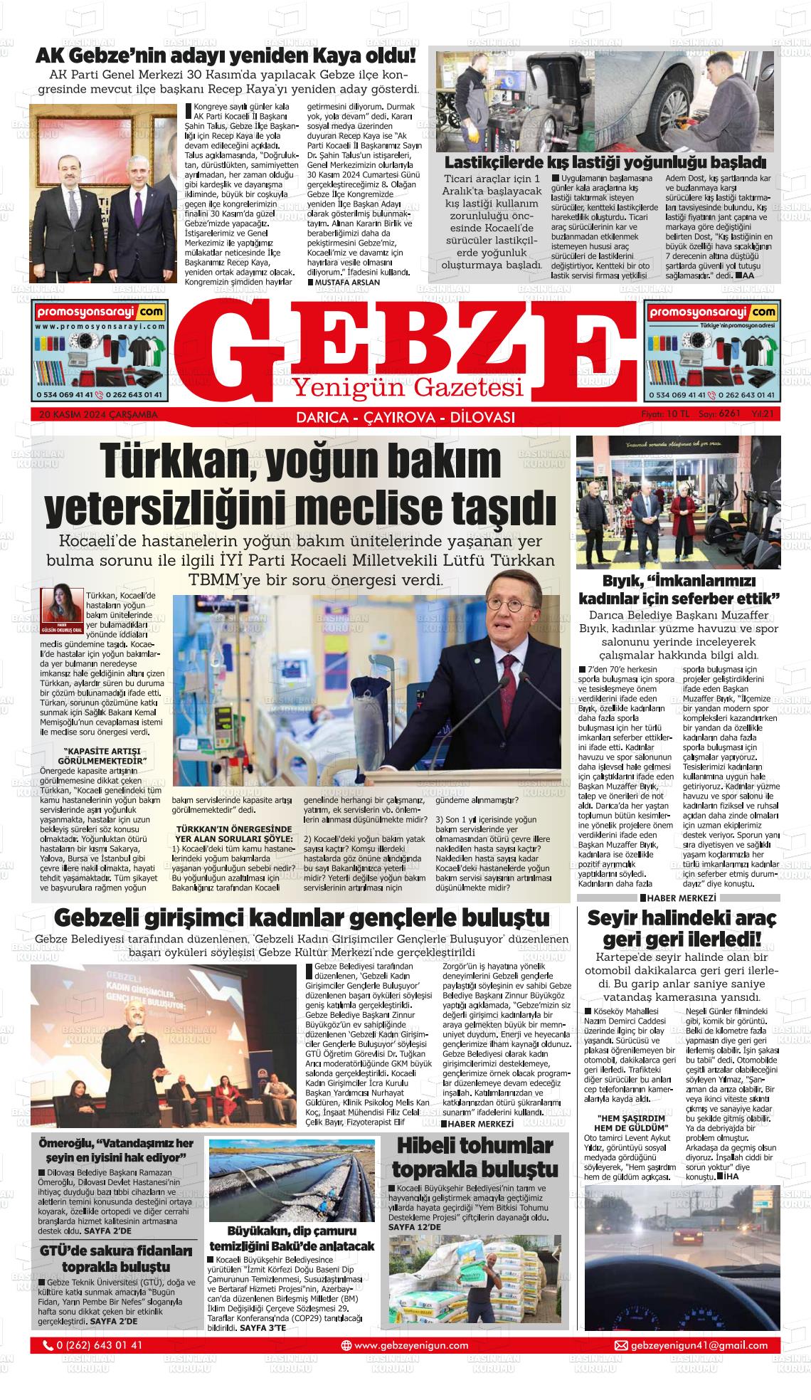 20 Kasım 2024 Gebze Yenigün Gazete Manşeti