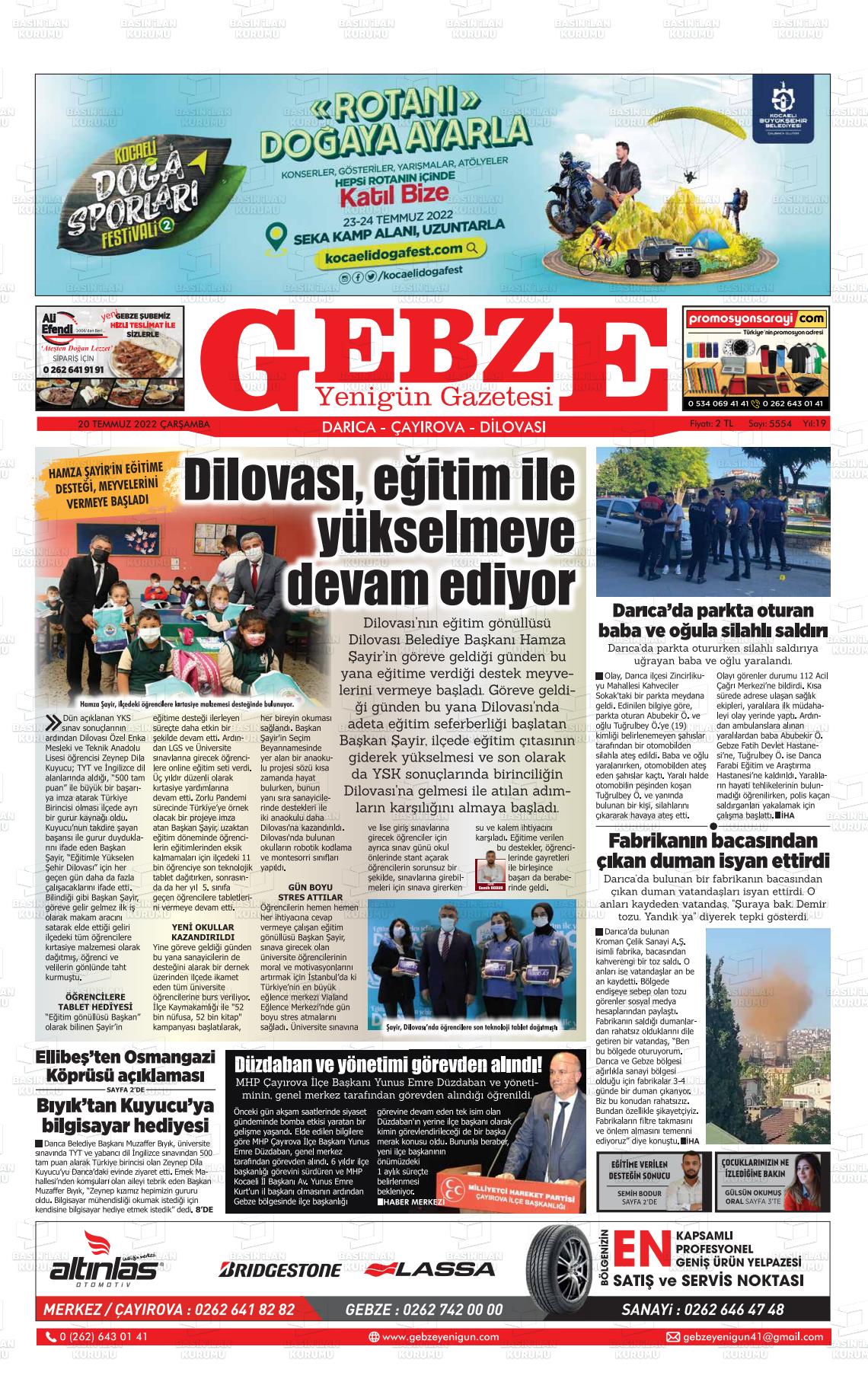 20 Temmuz 2022 Gebze Yenigün Gazete Manşeti