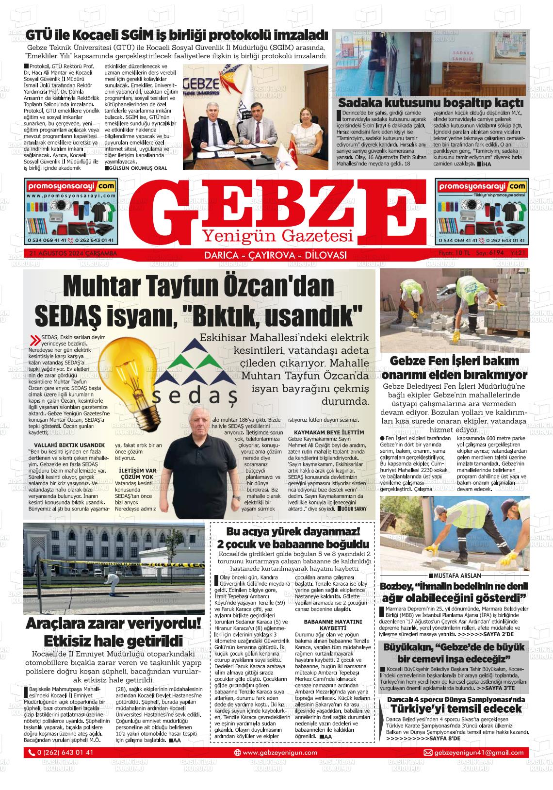 21 Ağustos 2024 Gebze Yenigün Gazete Manşeti