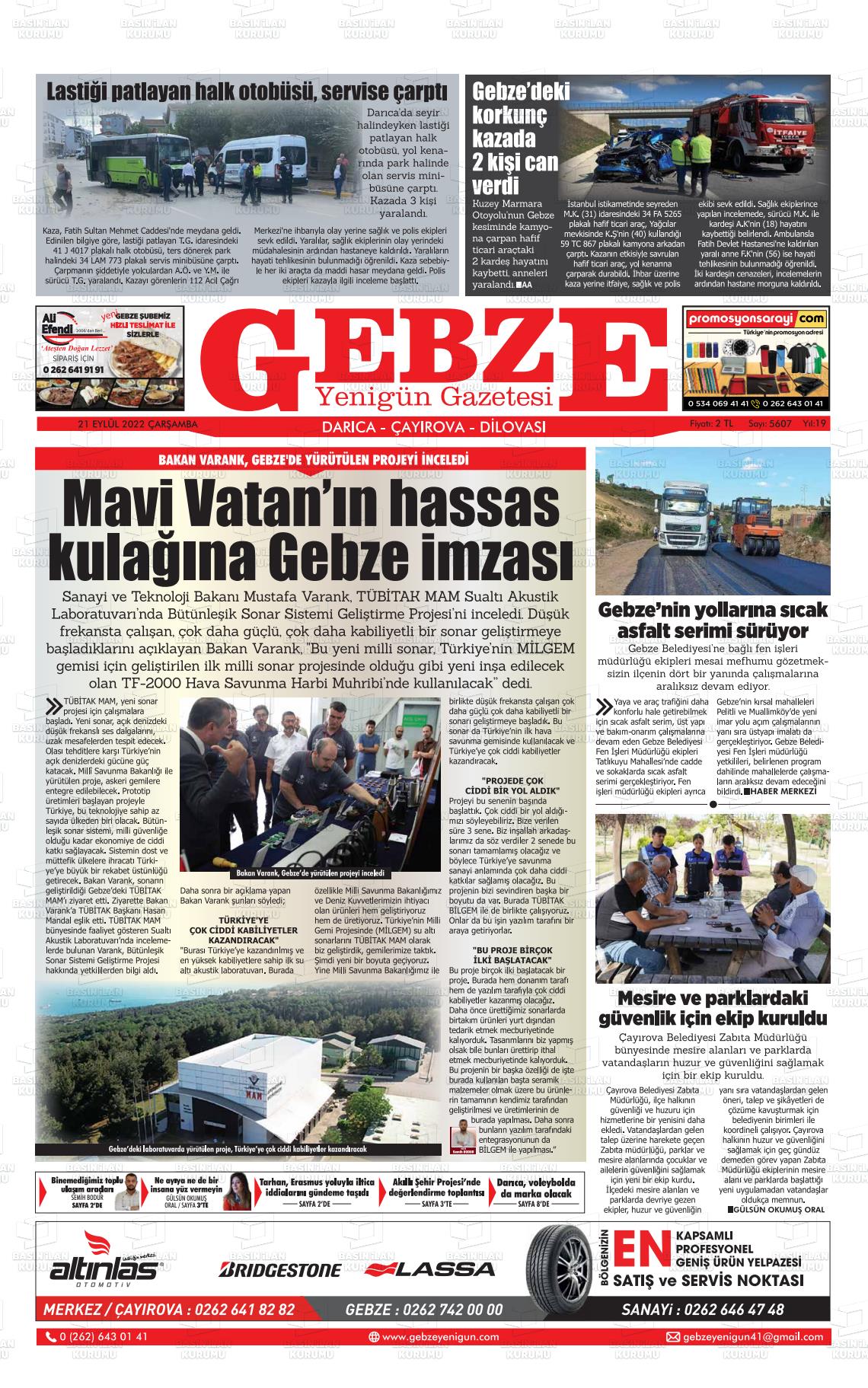 21 Eylül 2022 Gebze Yenigün Gazete Manşeti