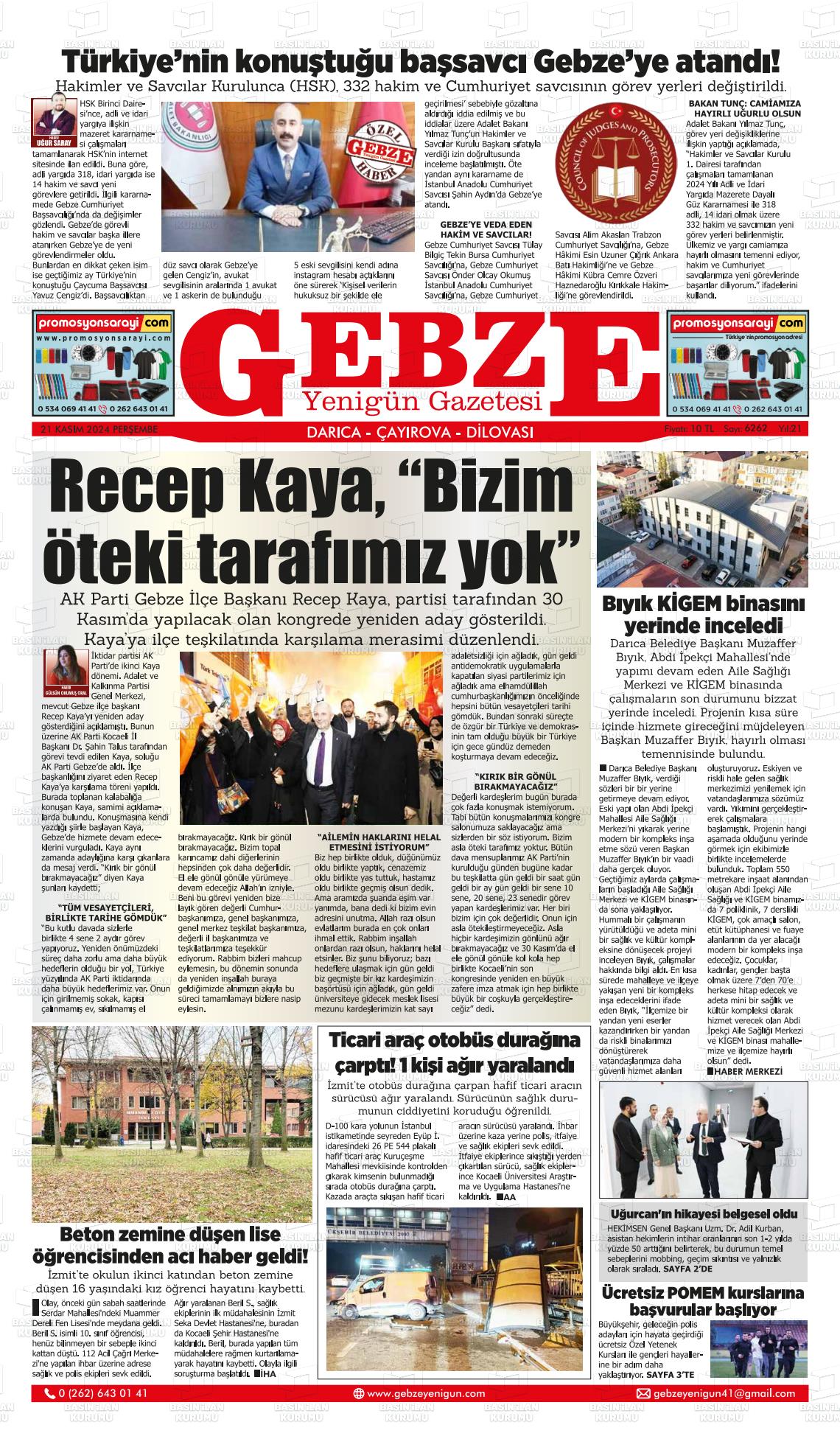 21 Kasım 2024 Gebze Yenigün Gazete Manşeti