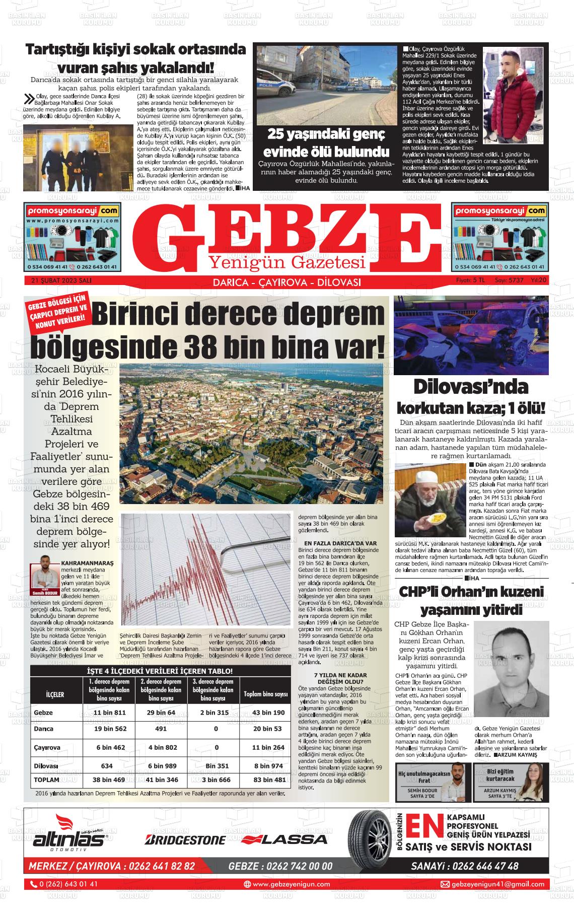 21 Şubat 2023 Gebze Yenigün Gazete Manşeti