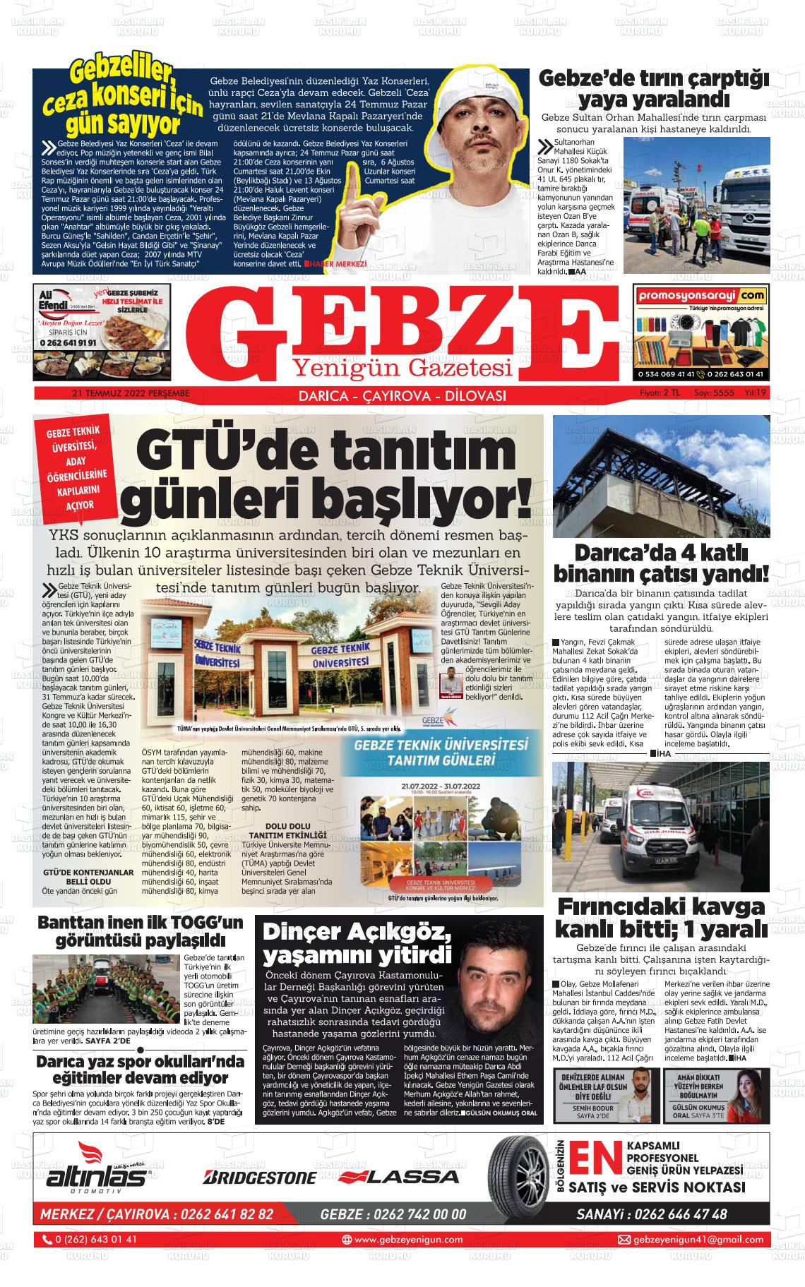 21 Temmuz 2022 Gebze Yenigün Gazete Manşeti