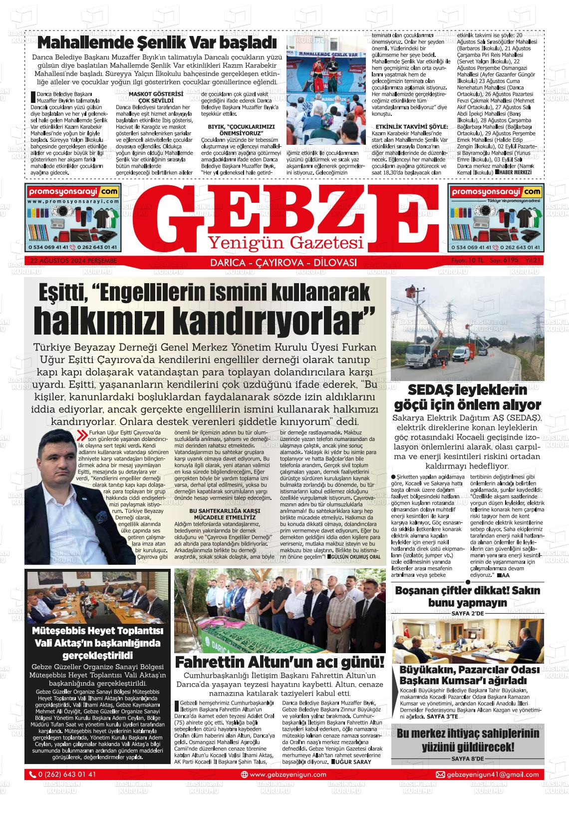 22 Ağustos 2024 Gebze Yenigün Gazete Manşeti