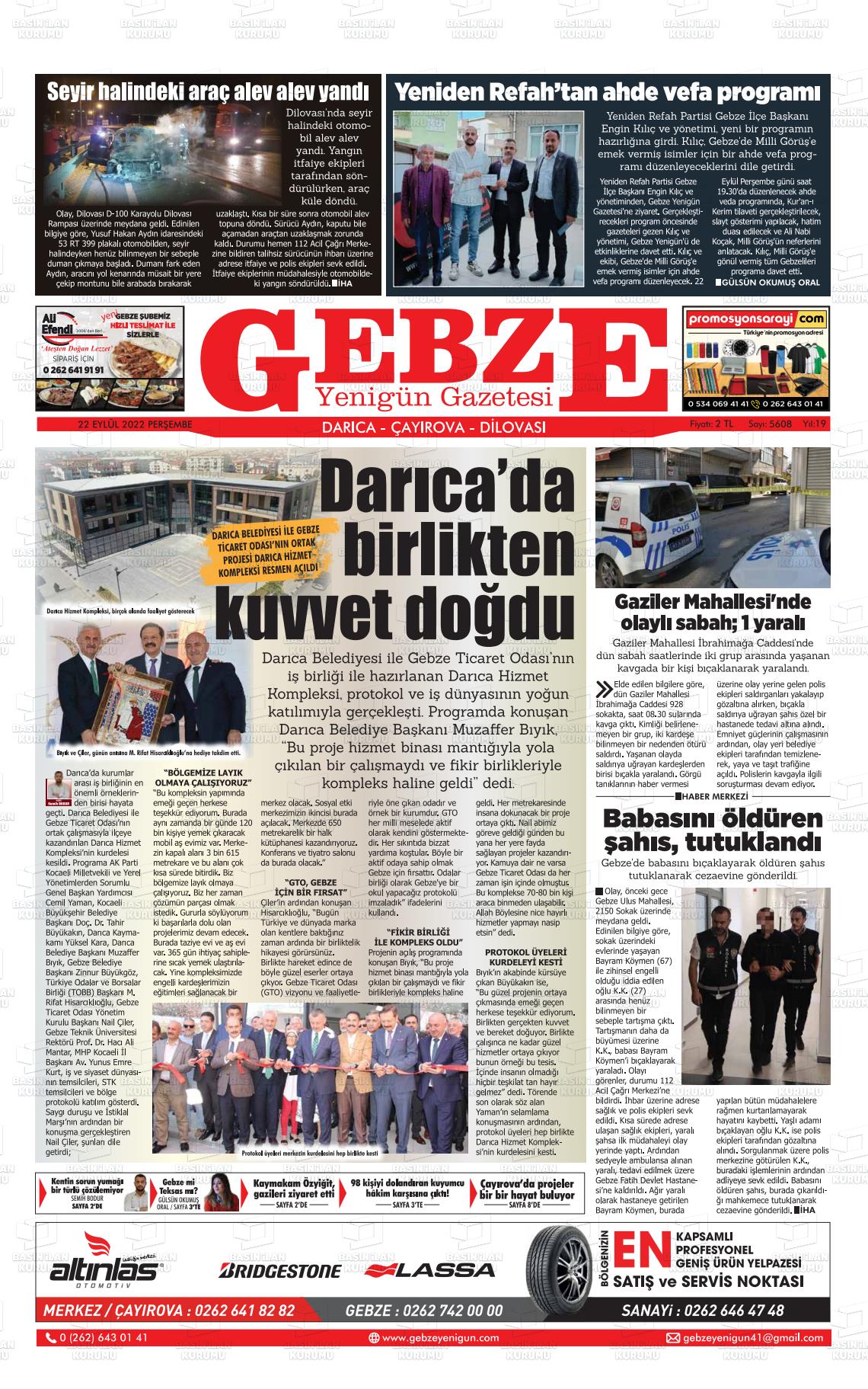 22 Eylül 2022 Gebze Yenigün Gazete Manşeti