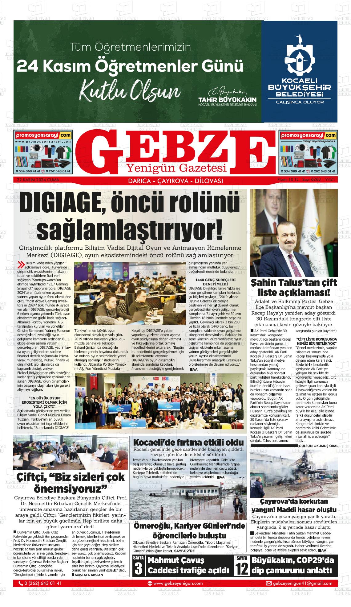 22 Kasım 2024 Gebze Yenigün Gazete Manşeti