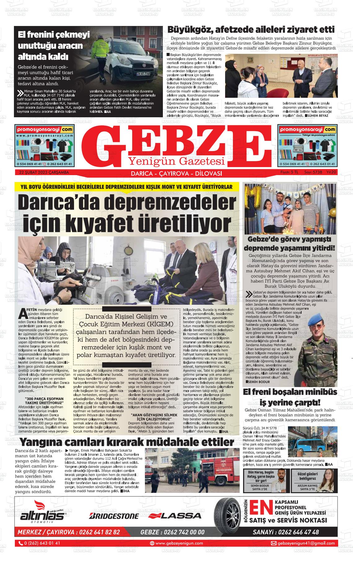 22 Nisan 2023 Gebze Yenigün Gazete Manşeti