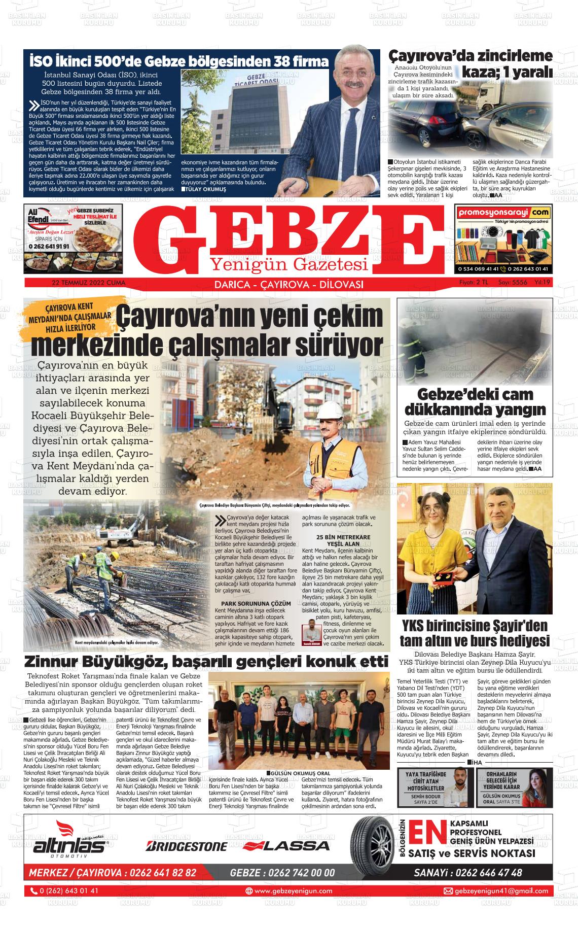 22 Temmuz 2022 Gebze Yenigün Gazete Manşeti