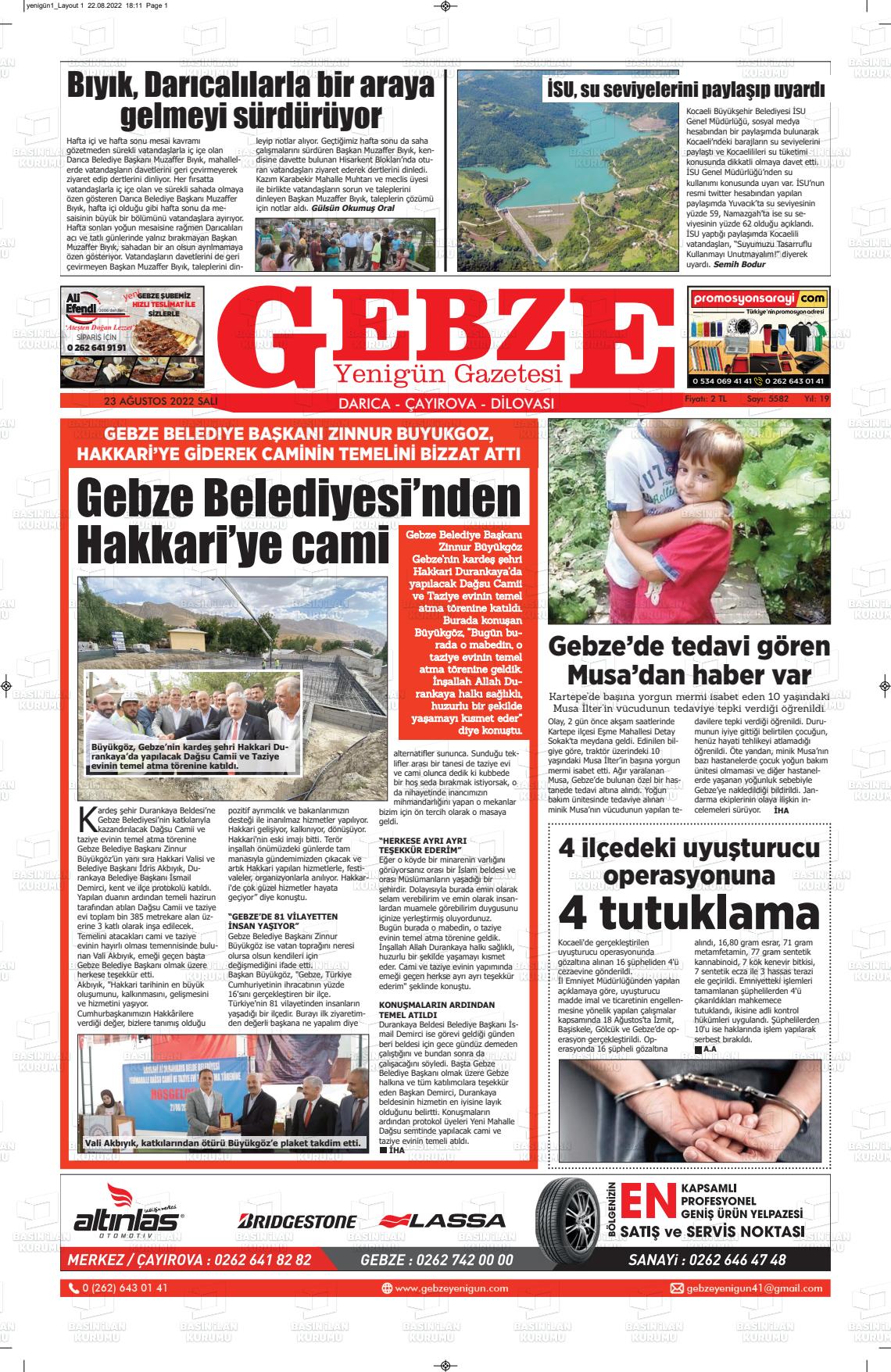 23 Ağustos 2022 Gebze Yenigün Gazete Manşeti