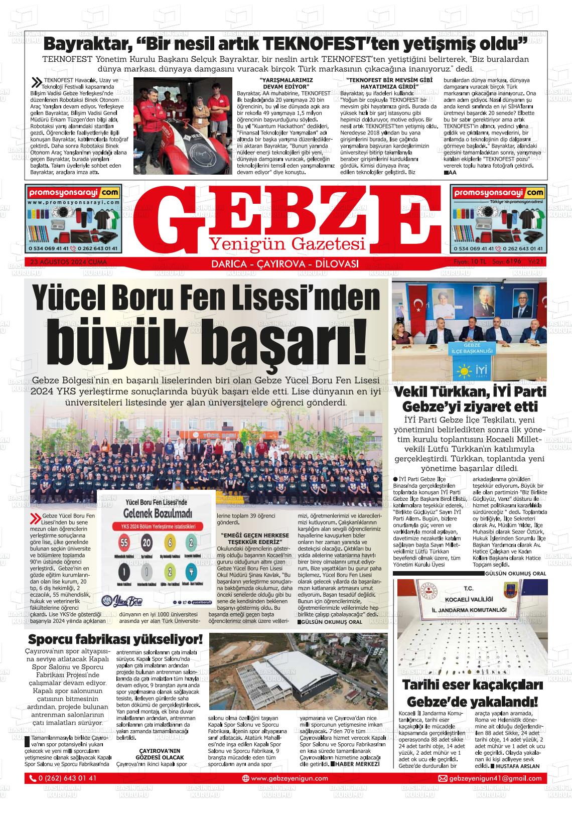 23 Ağustos 2024 Gebze Yenigün Gazete Manşeti