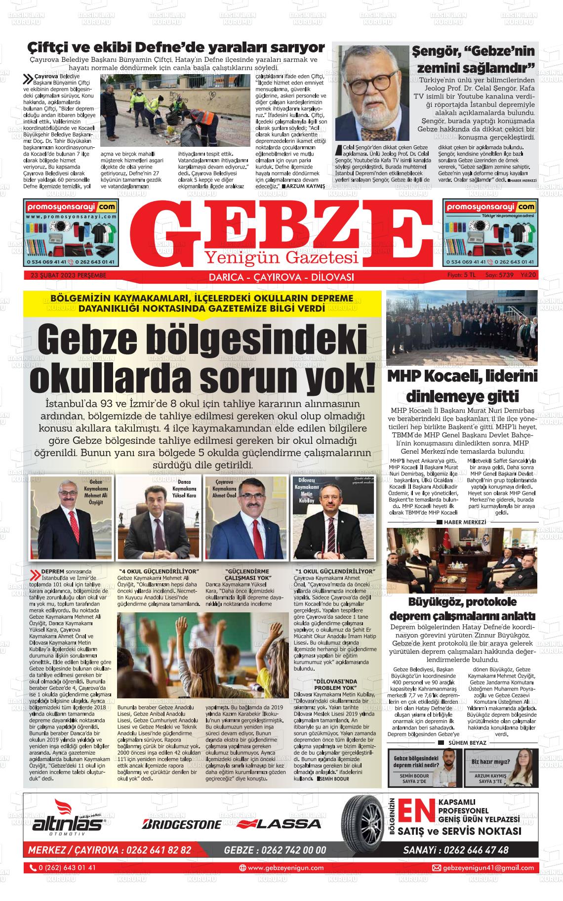 23 Nisan 2023 Gebze Yenigün Gazete Manşeti