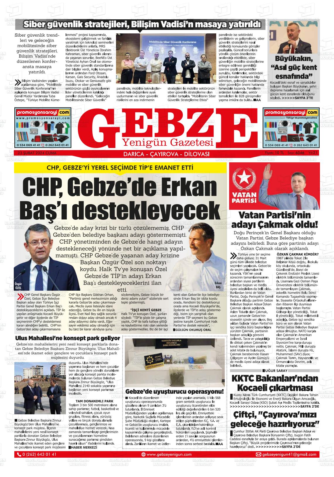 23 Şubat 2024 Gebze Yenigün Gazete Manşeti