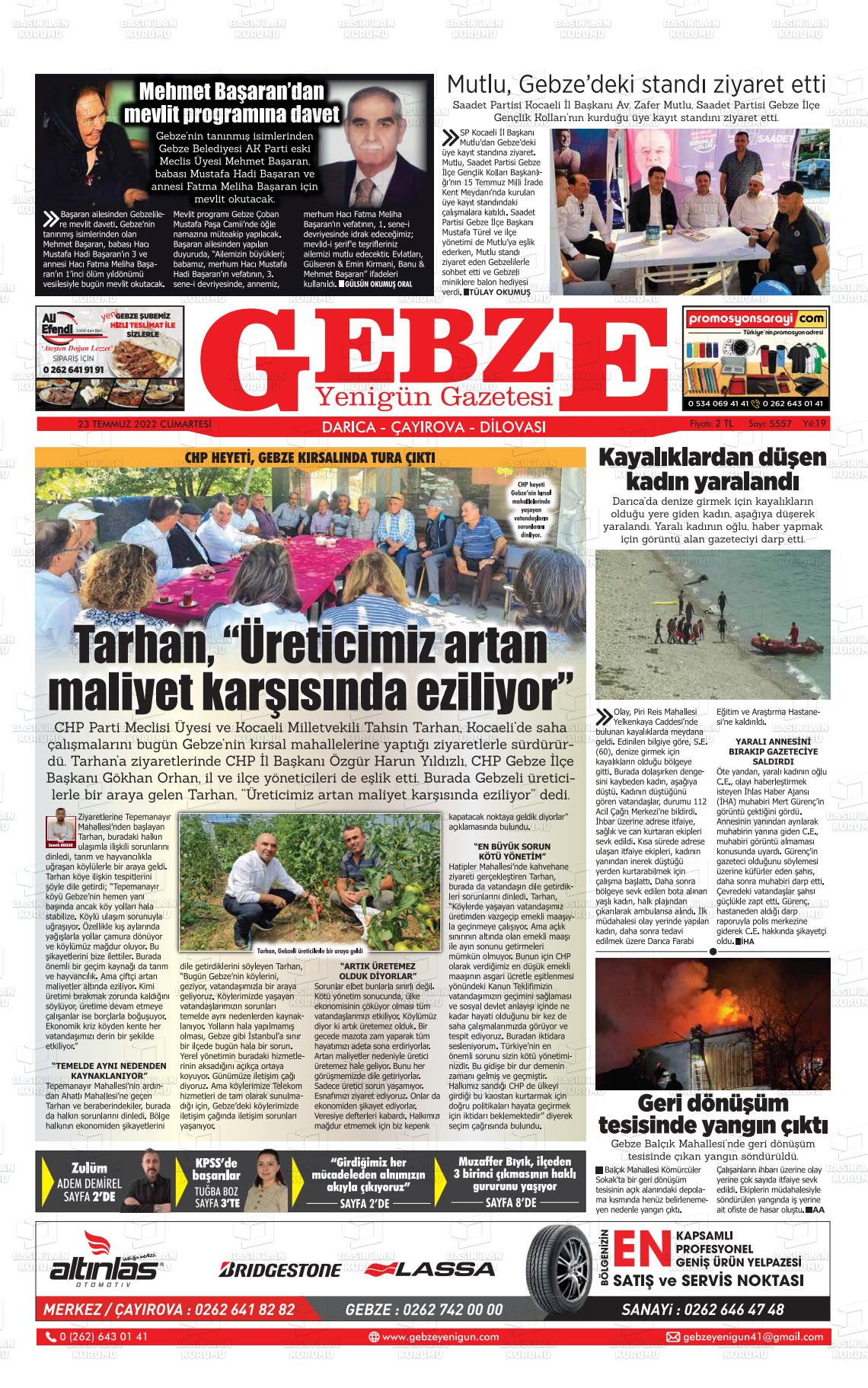 23 Temmuz 2022 Gebze Yenigün Gazete Manşeti