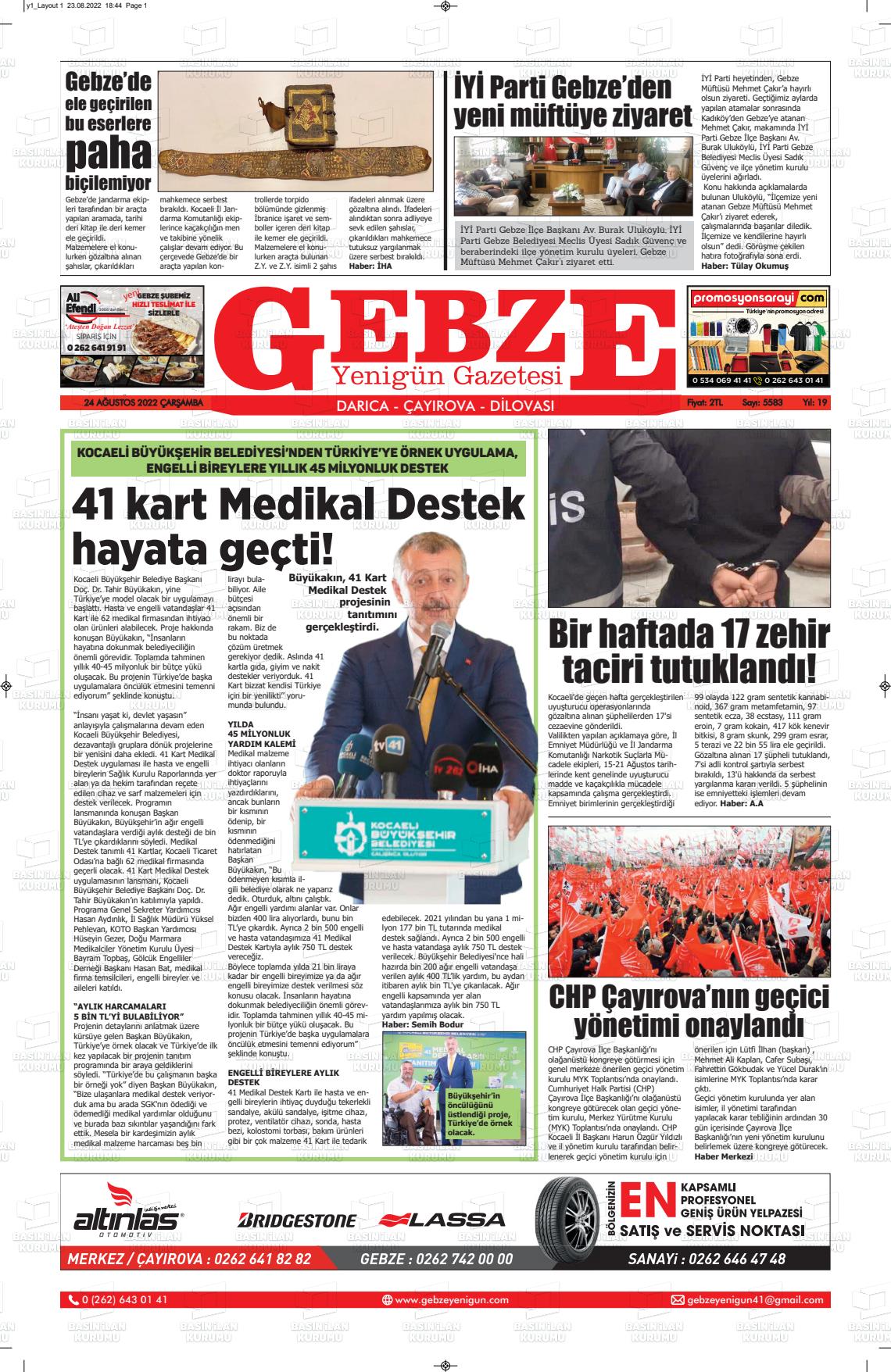 24 Ağustos 2022 Gebze Yenigün Gazete Manşeti