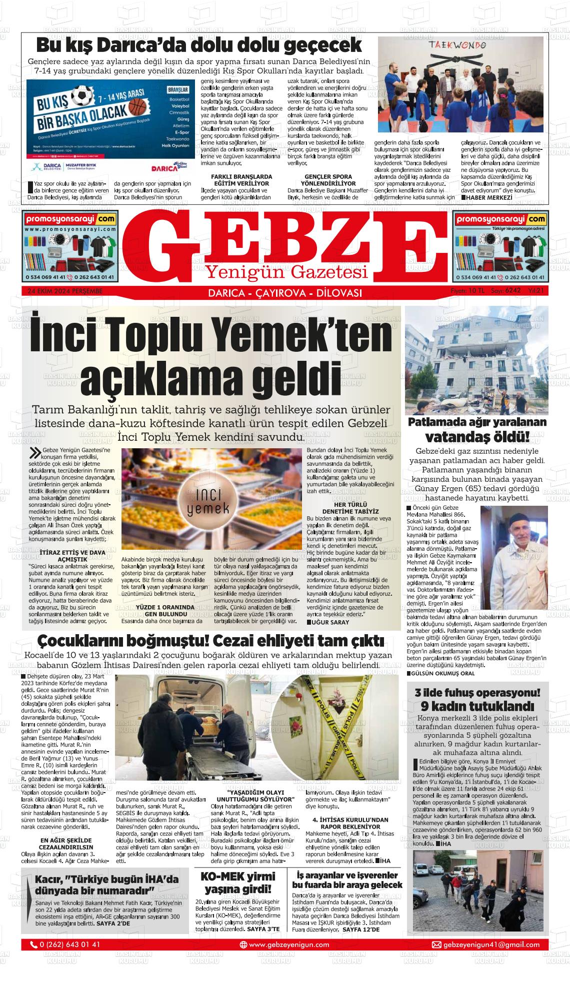 24 Ekim 2024 Gebze Yenigün Gazete Manşeti