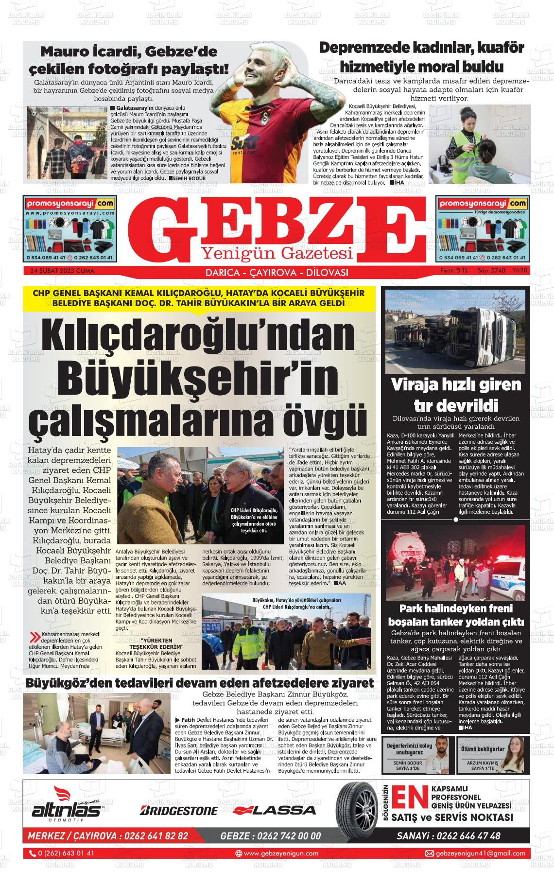 24 Nisan 2023 Gebze Yenigün Gazete Manşeti