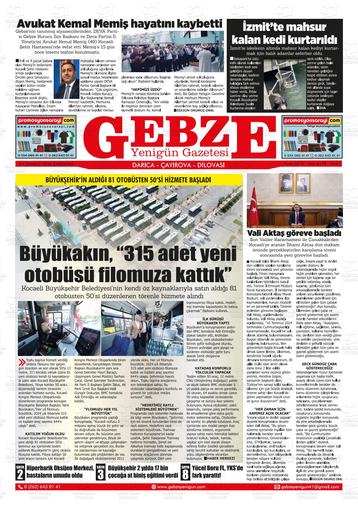 24 Temmuz 2024 Gebze Yenigün Gazete Manşeti