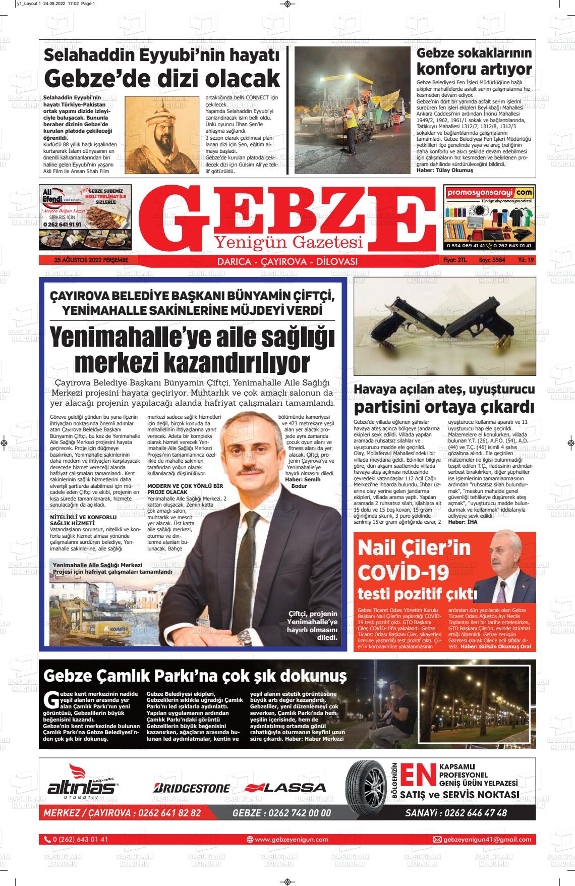 25 Ağustos 2022 Gebze Yenigün Gazete Manşeti