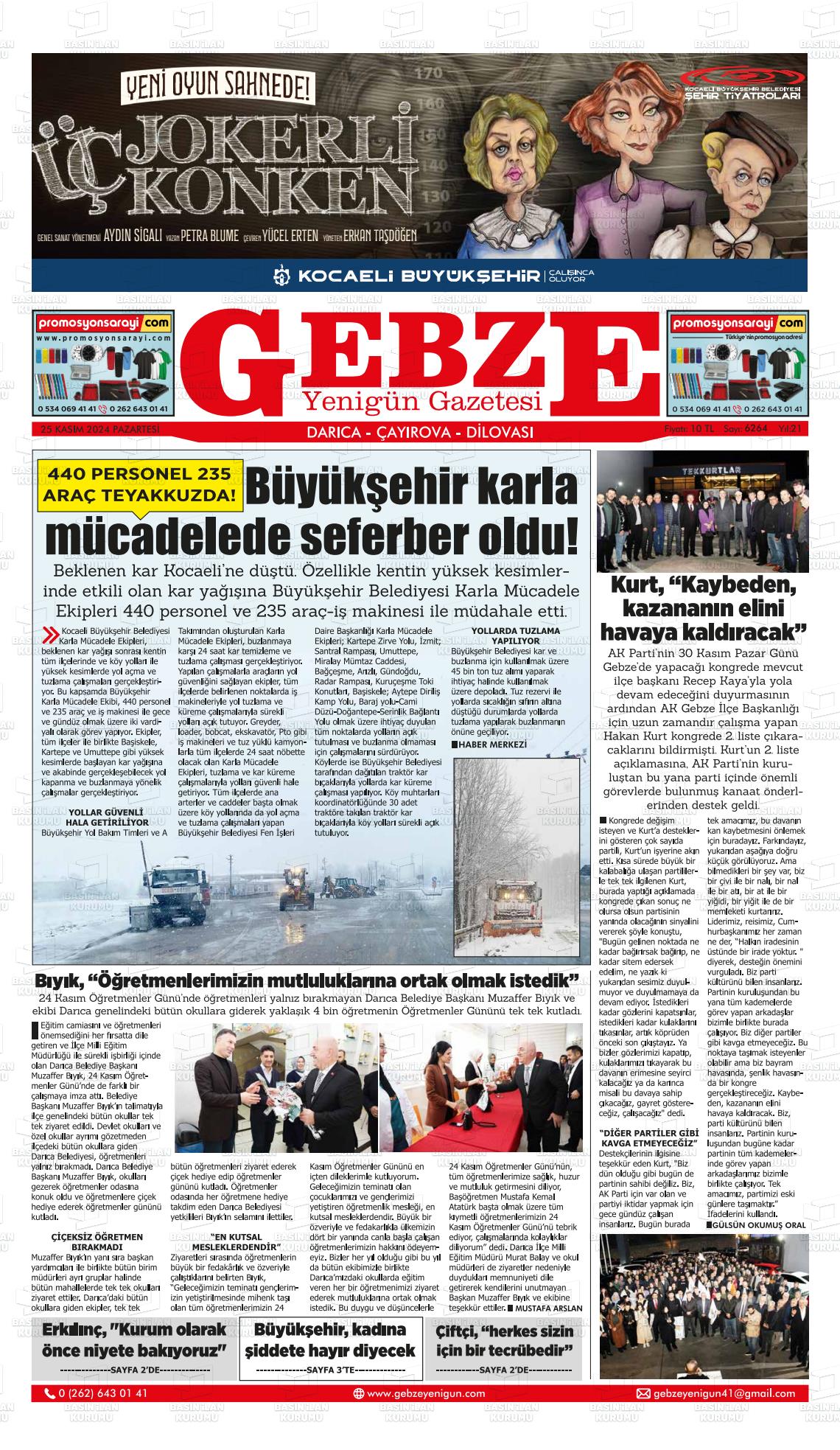 25 Kasım 2024 Gebze Yenigün Gazete Manşeti