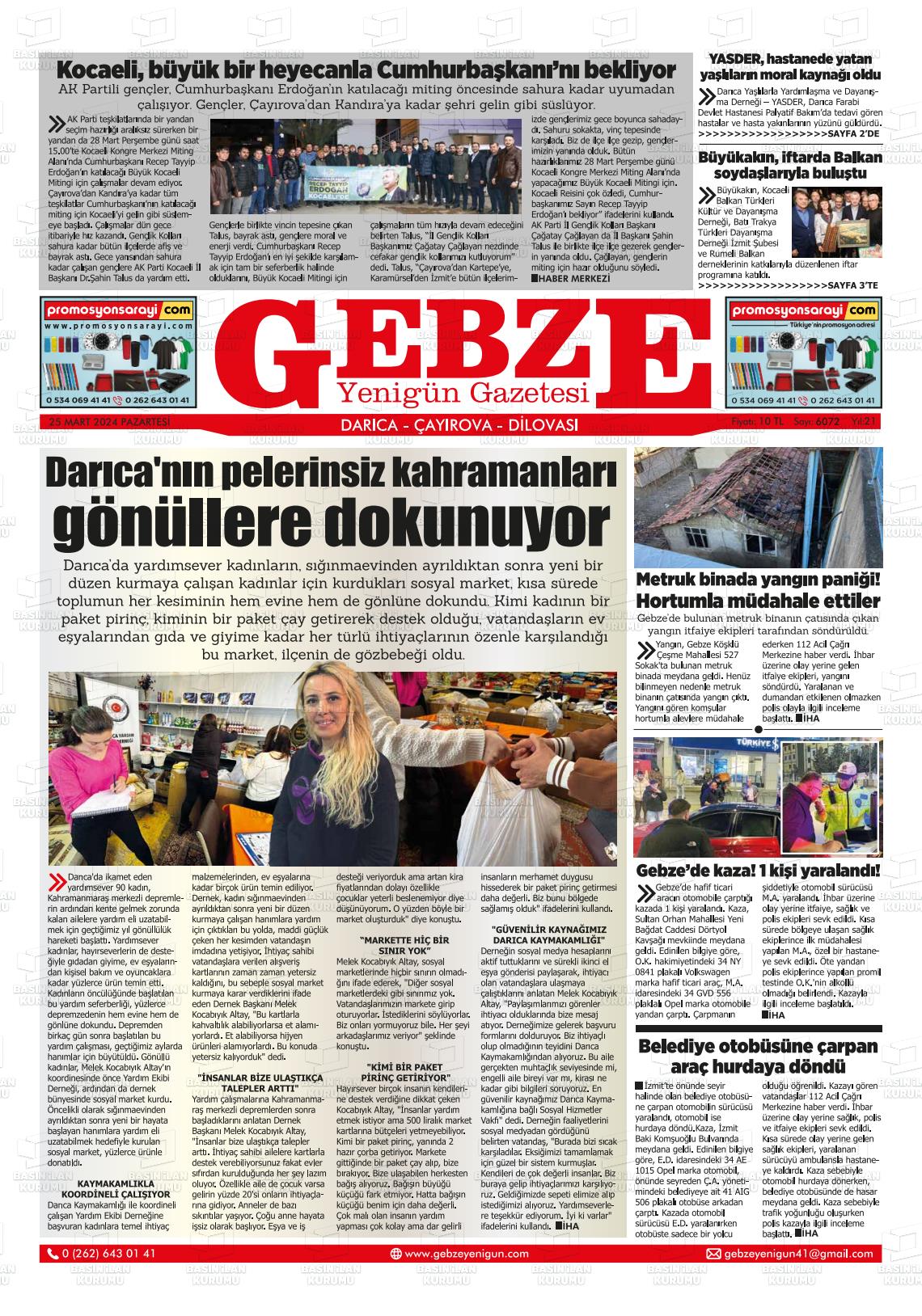 25 Mart 2024 Gebze Yenigün Gazete Manşeti