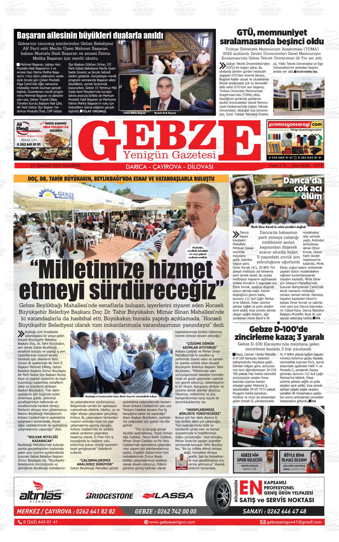 25 Temmuz 2022 Gebze Yenigün Gazete Manşeti