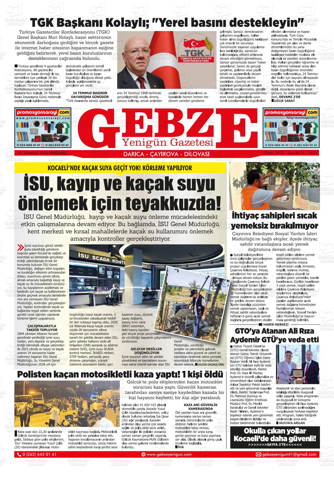 25 Temmuz 2024 Gebze Yenigün Gazete Manşeti