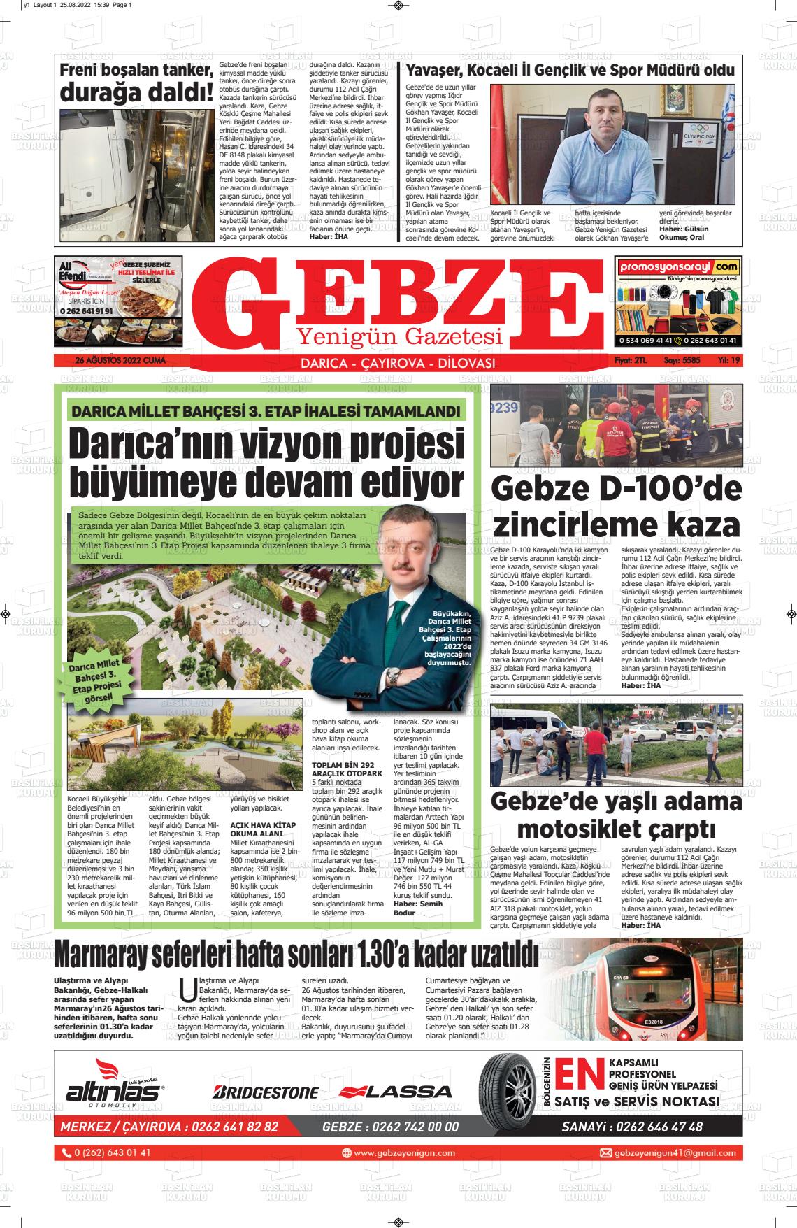 26 Ağustos 2022 Gebze Yenigün Gazete Manşeti