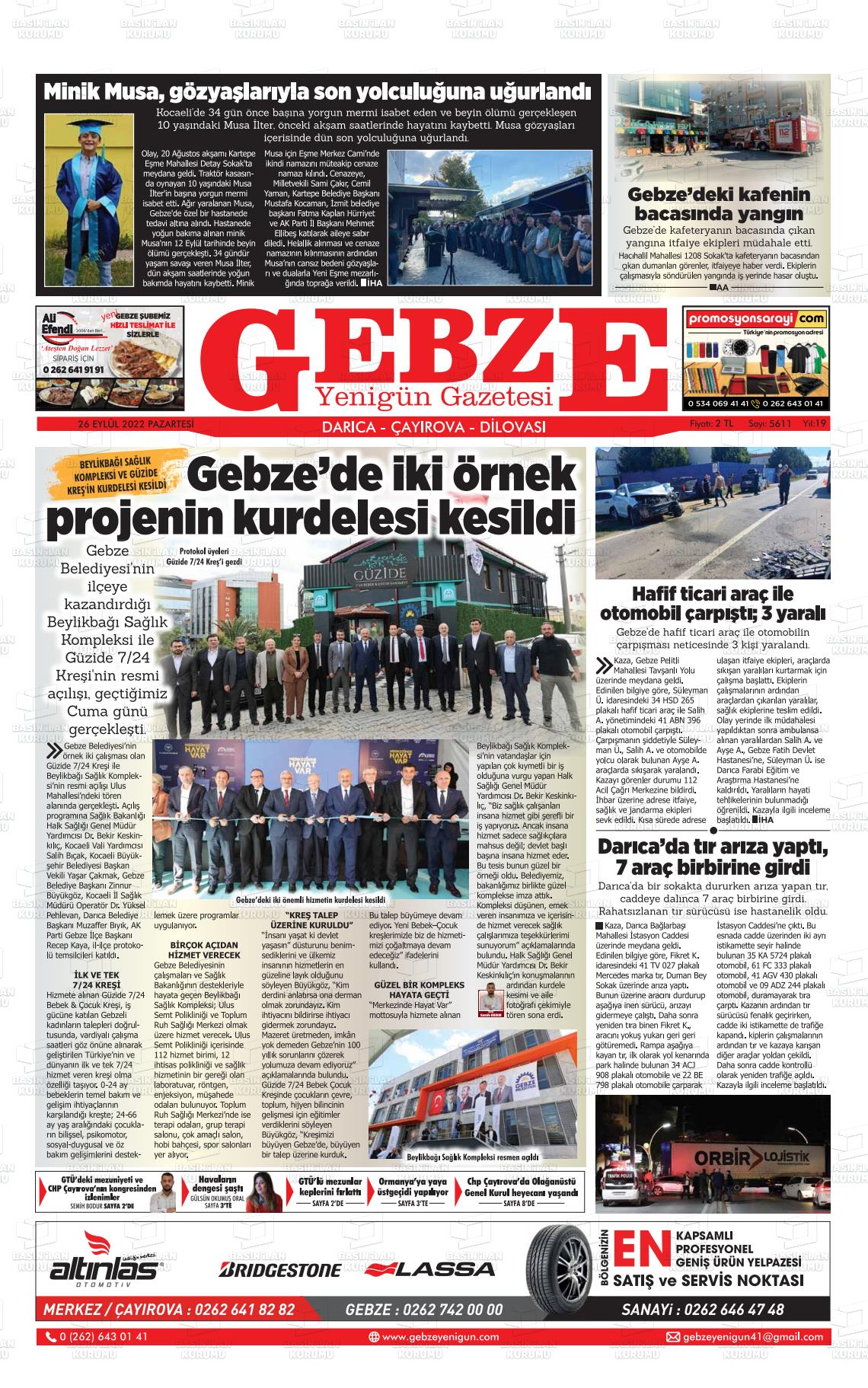 26 Eylül 2022 Gebze Yenigün Gazete Manşeti